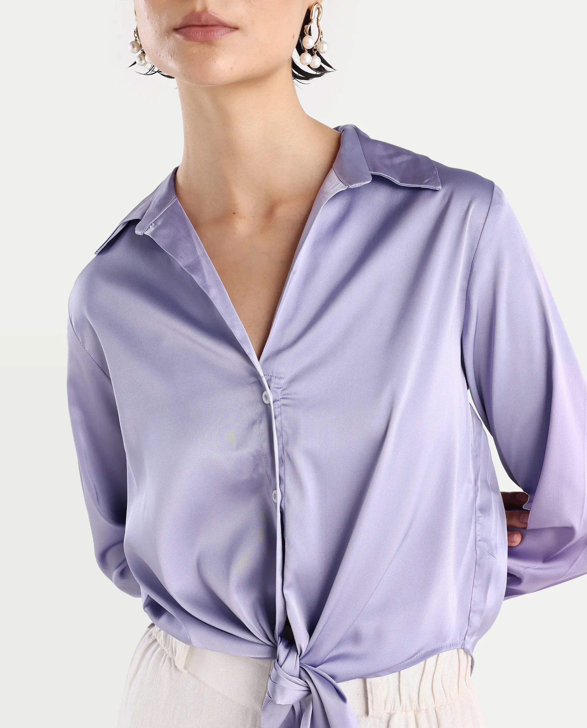 Rareism Women's Teen Light Purple Satin Drop Collar Plain Cuffed Sleeve Regular Fit Top - Image 4