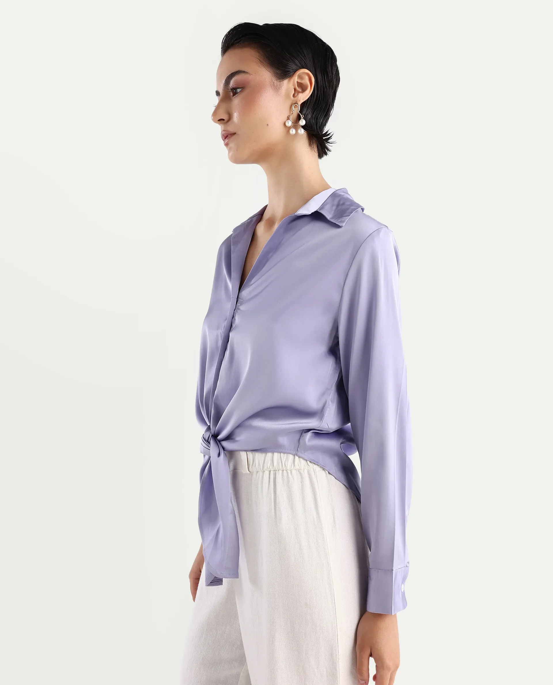 Rareism Women's Teen Light Purple Satin Drop Collar Plain Cuffed Sleeve Regular Fit Top - Image 5