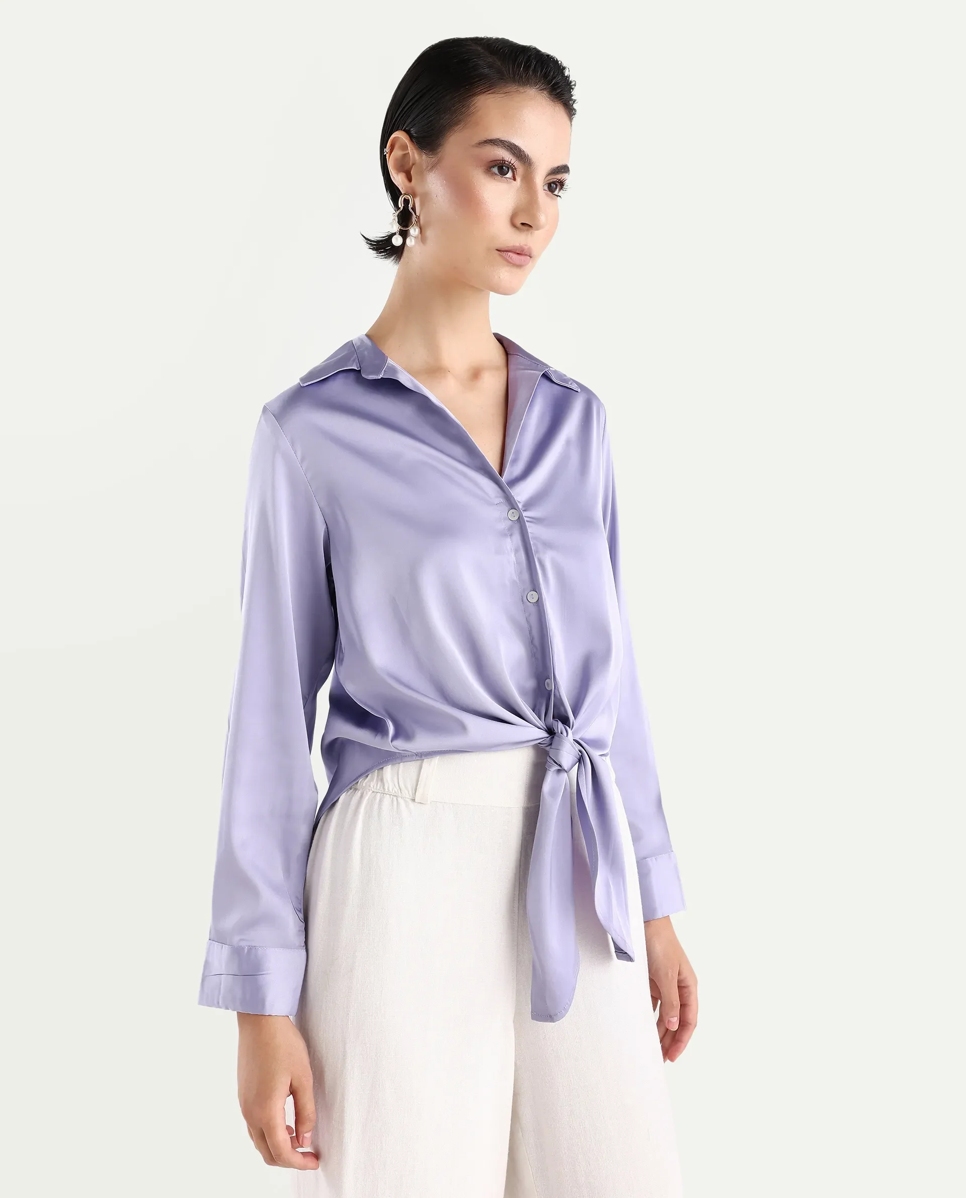 Rareism Women's Teen Light Purple Satin Drop Collar Plain Cuffed Sleeve Regular Fit Top - Image 6