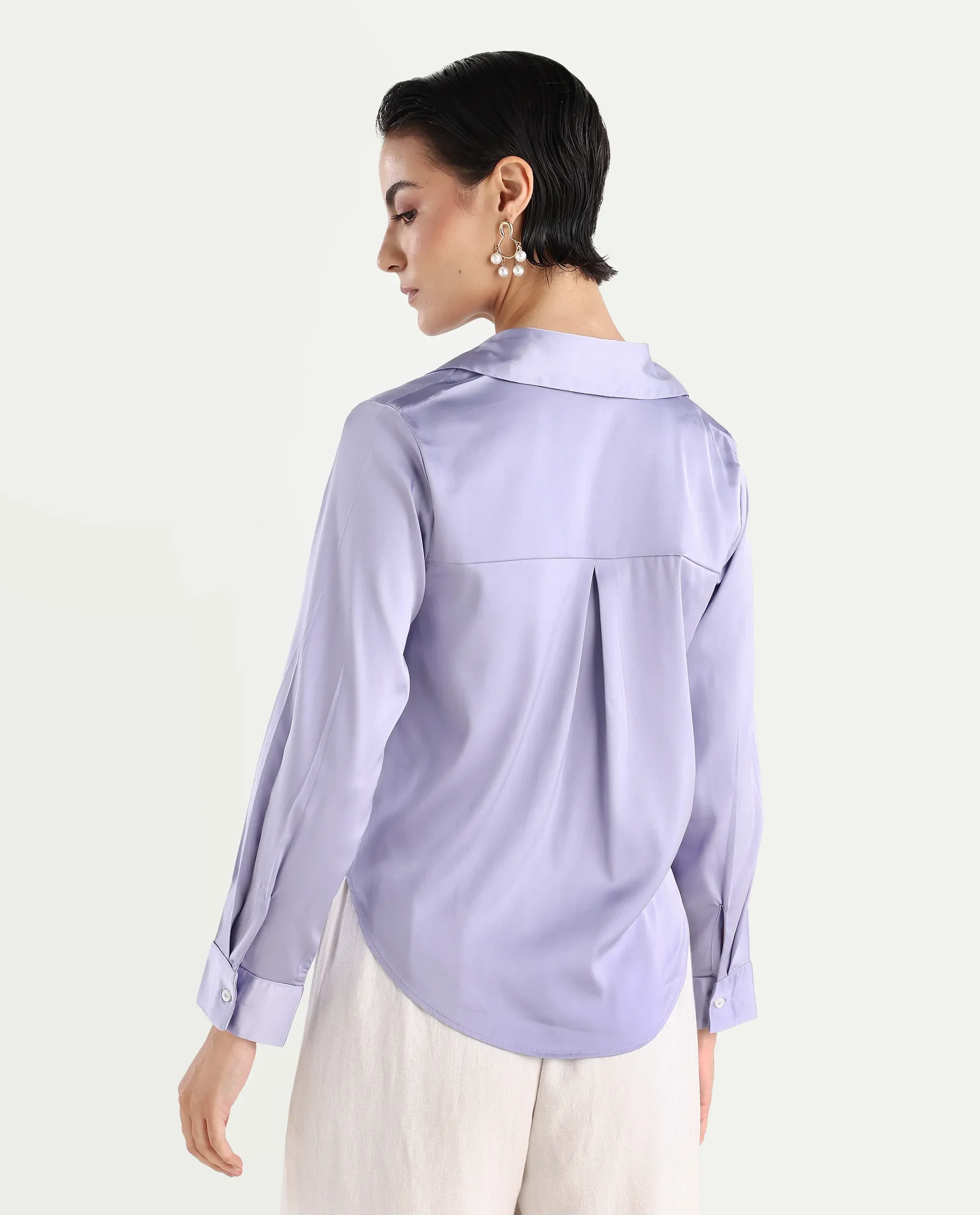 Rareism Women's Teen Light Purple Satin Drop Collar Plain Cuffed Sleeve Regular Fit Top - Image 7