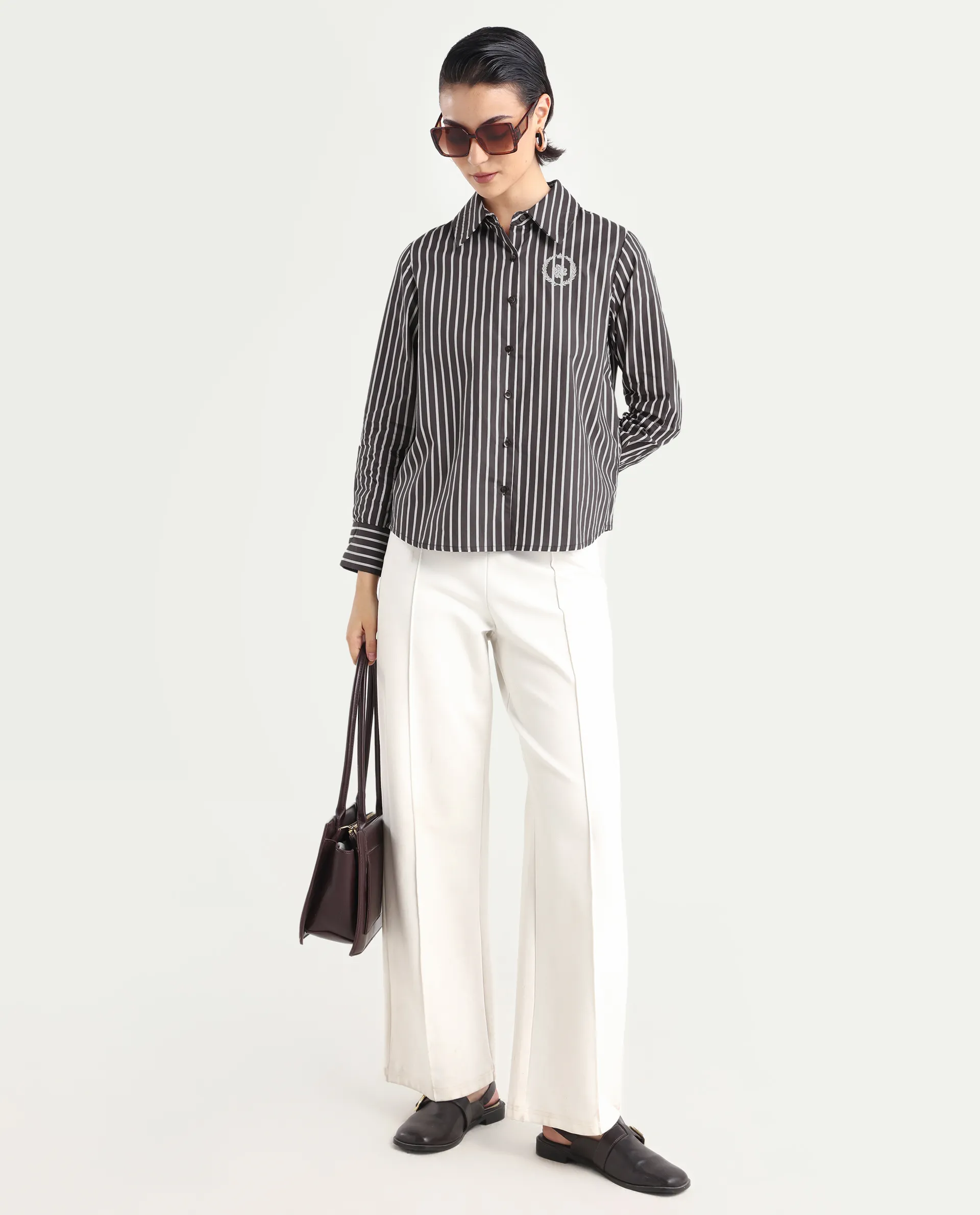 Rareism Women's Teevee Brown Cotton Drop Collar Striped Cuffed Sleeve Regular Fit Shirt - Image 2