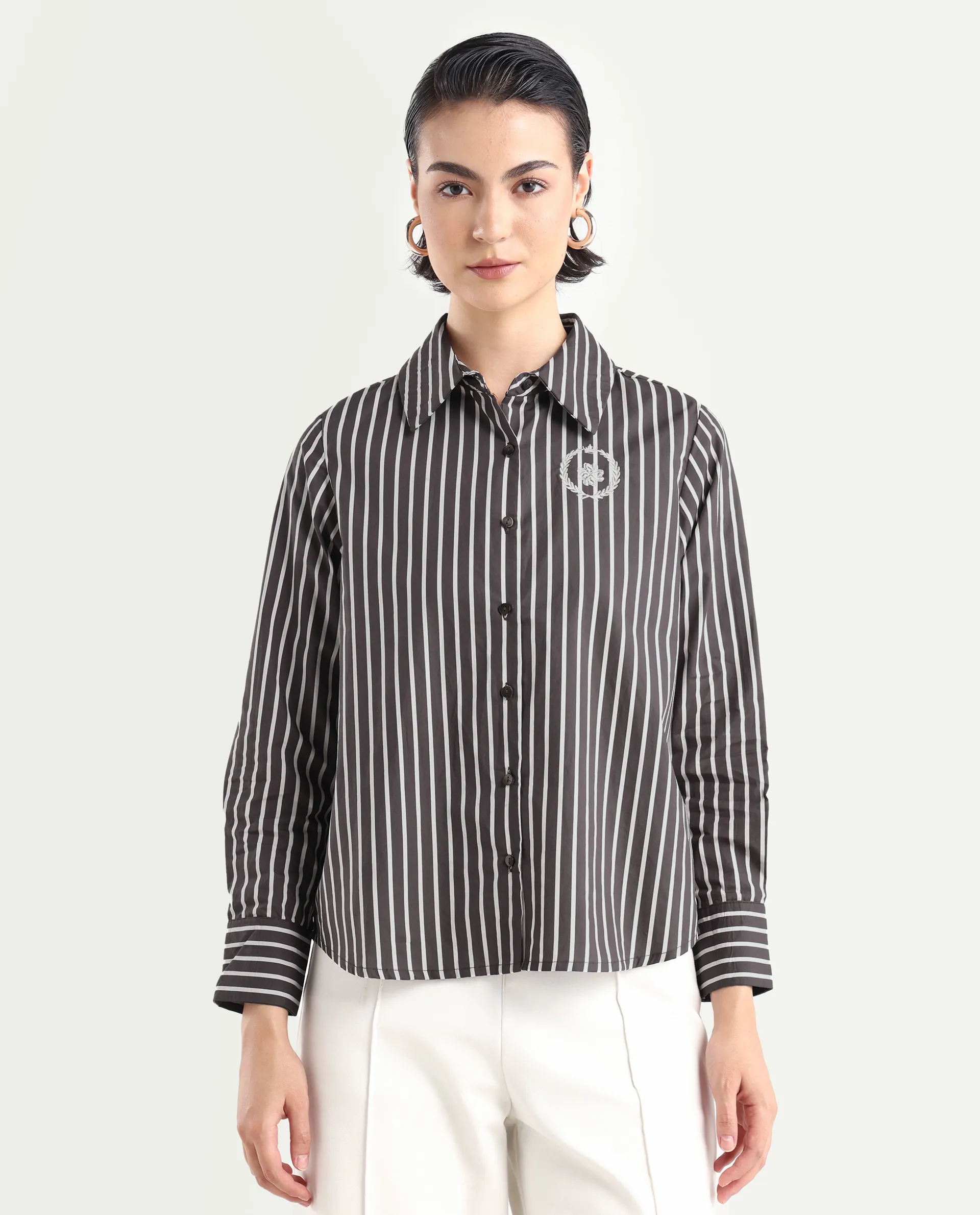 Rareism Women's Teevee Brown Cotton Drop Collar Striped Cuffed Sleeve Regular Fit Shirt - Image 3