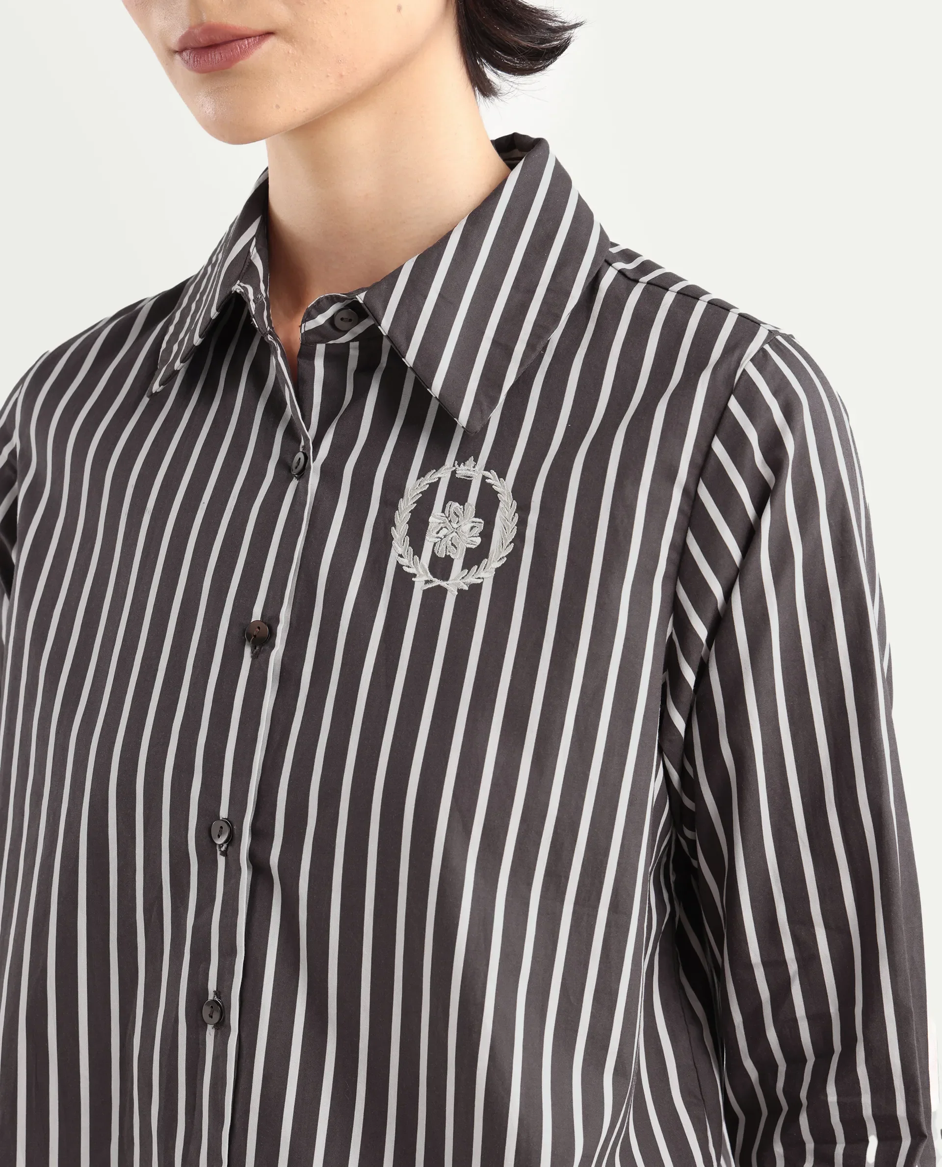 Rareism Women's Teevee Brown Cotton Drop Collar Striped Cuffed Sleeve Regular Fit Shirt - Image 4
