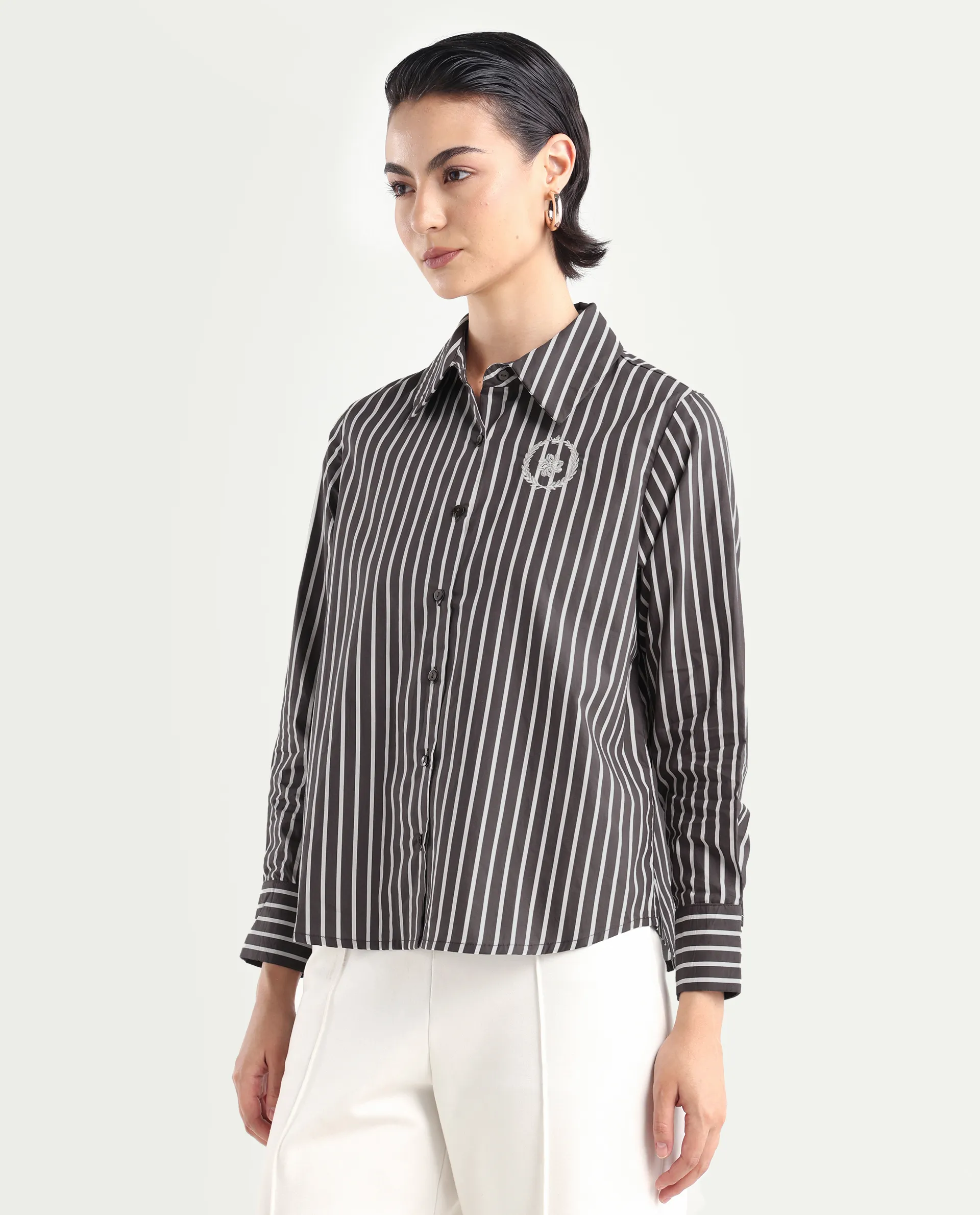 Rareism Women's Teevee Brown Cotton Drop Collar Striped Cuffed Sleeve Regular Fit Shirt - Image 5