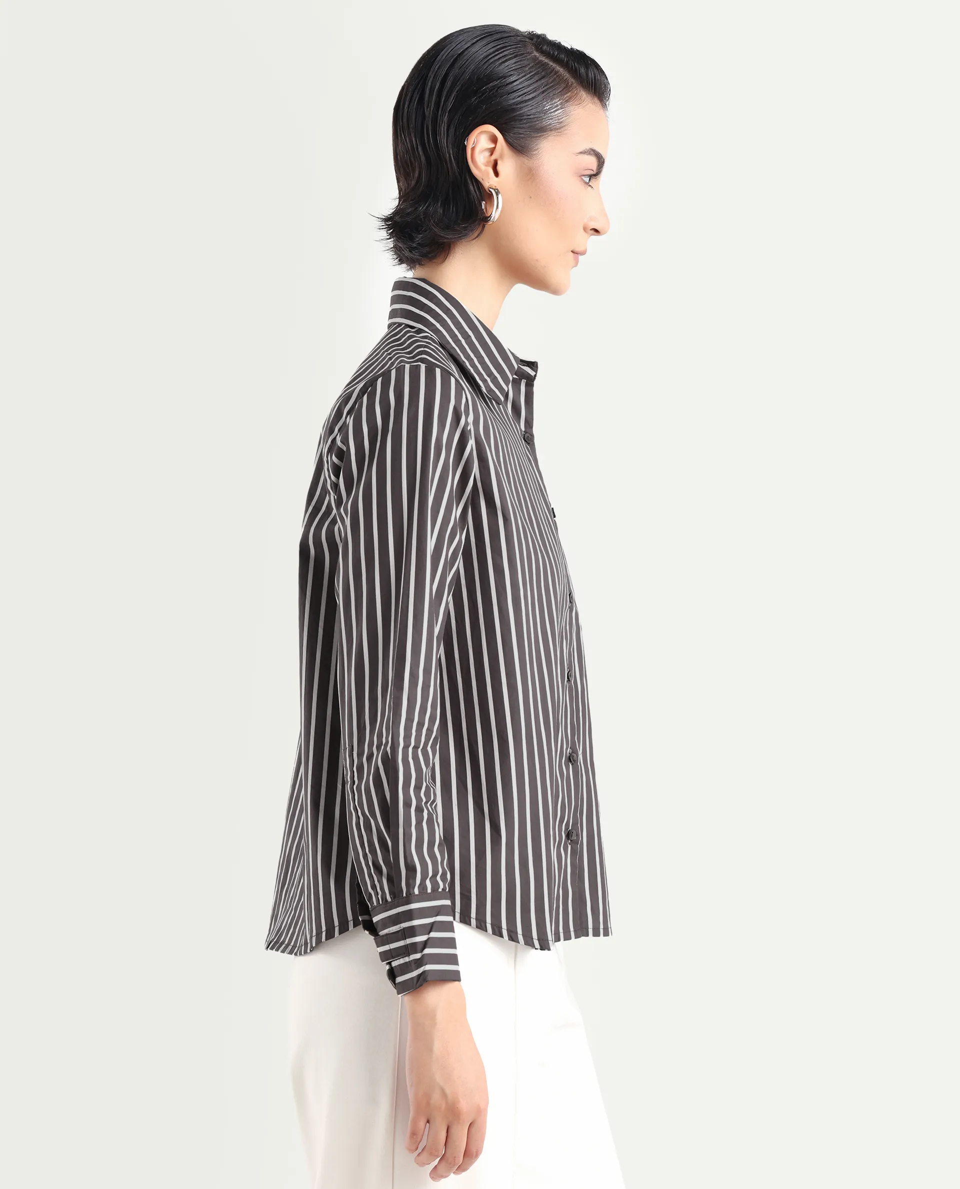 Rareism Women's Teevee Brown Cotton Drop Collar Striped Cuffed Sleeve Regular Fit Shirt - Image 6