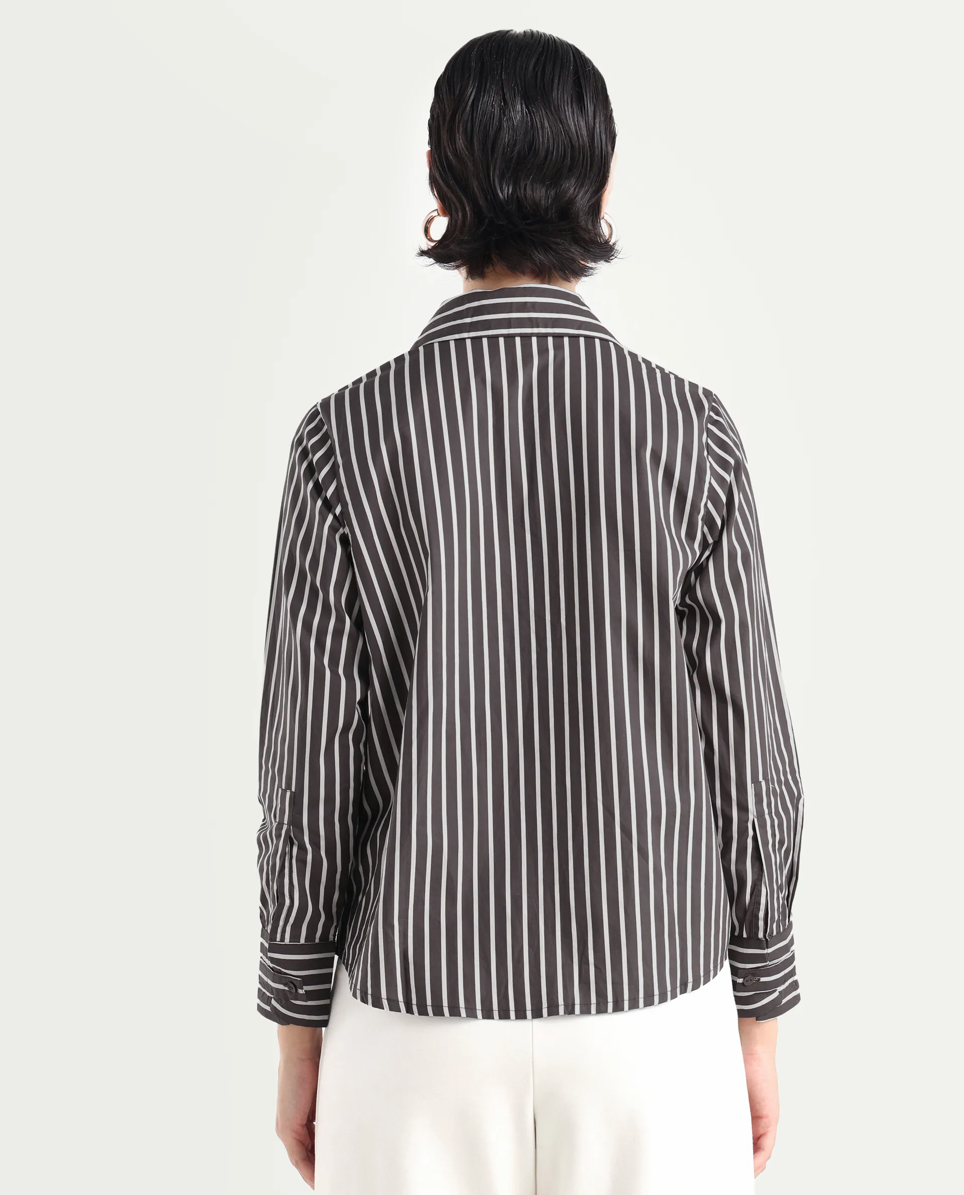 Rareism Women's Teevee Brown Cotton Drop Collar Striped Cuffed Sleeve Regular Fit Shirt - Image 7