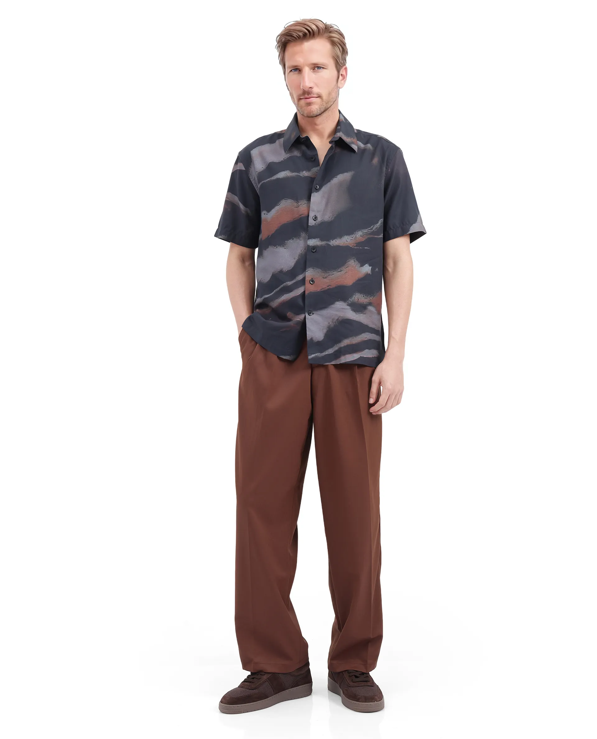 Rare Rabbit Men's Tego Black Cotton Blend Abstract Print Boxy Fit Half Sleeve Collared Shirt - Image 2
