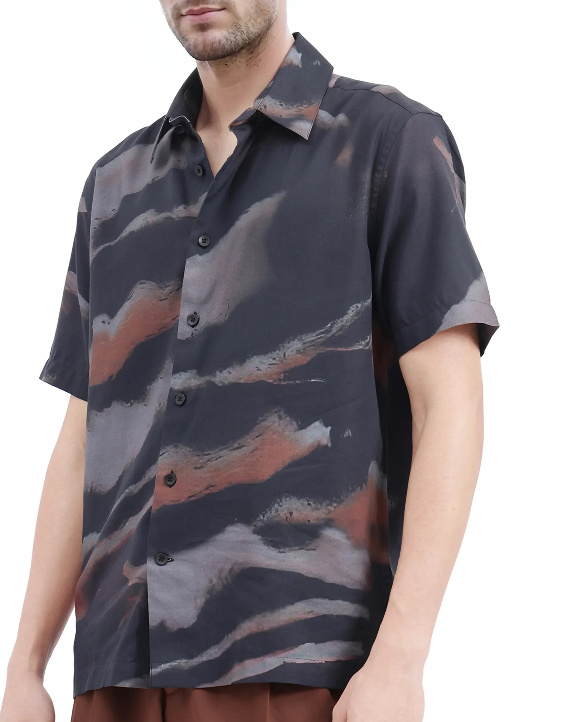 Rare Rabbit Men's Tego Black Cotton Blend Abstract Print Boxy Fit Half Sleeve Collared Shirt - Image 3