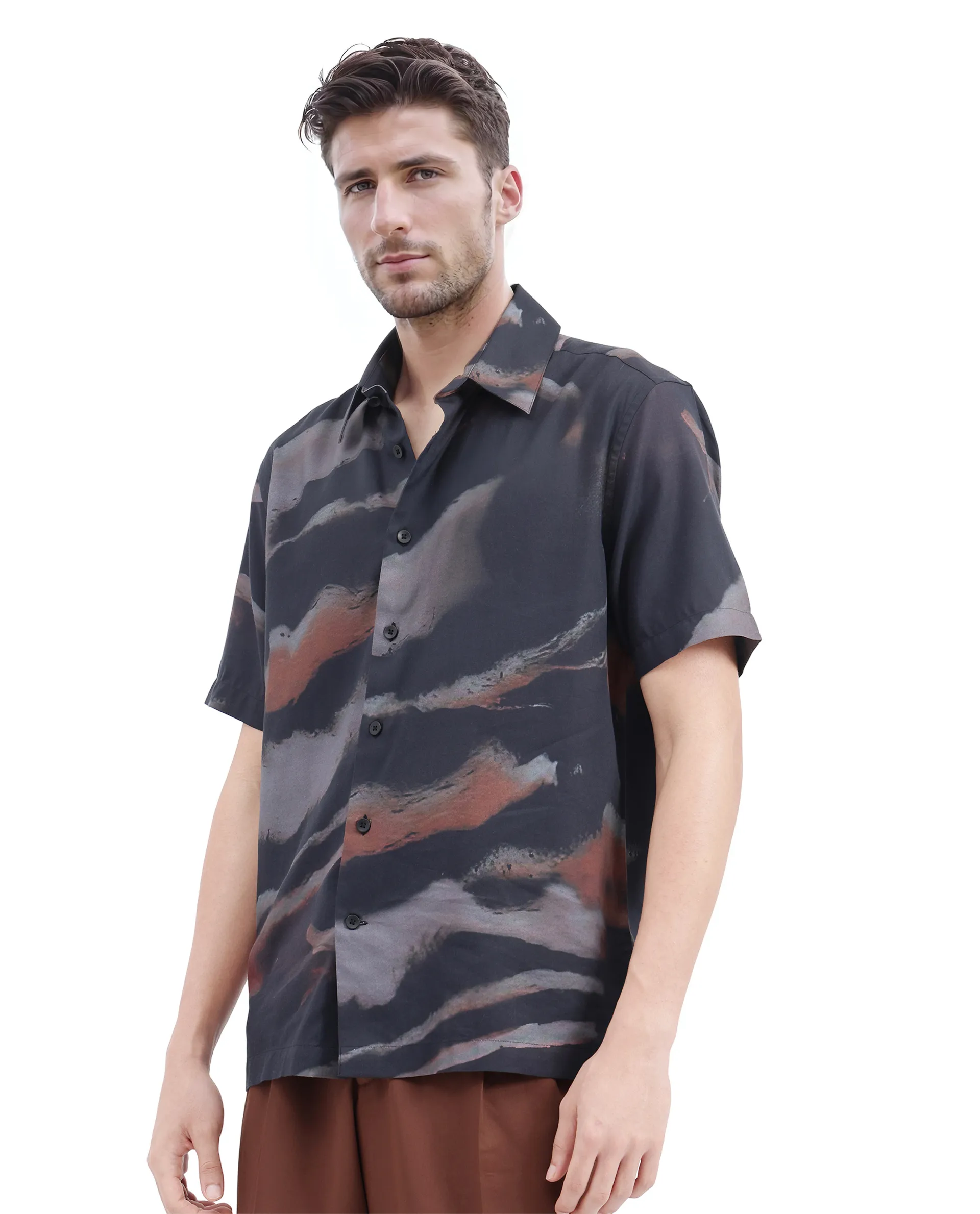 Rare Rabbit Men's Tego Black Cotton Blend Abstract Print Boxy Fit Half Sleeve Collared Shirt - Image 5