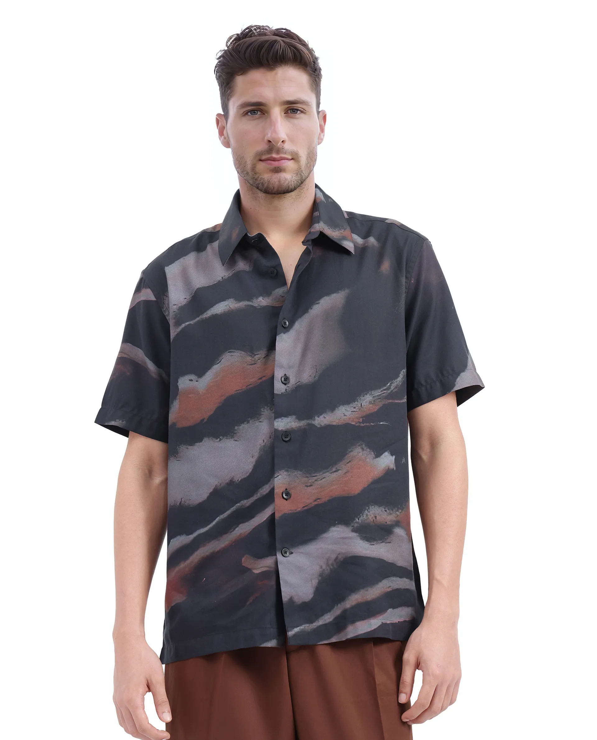 Rare Rabbit Men's Tego Black Cotton Blend Abstract Print Boxy Fit Half Sleeve Collared Shirt - Image 7