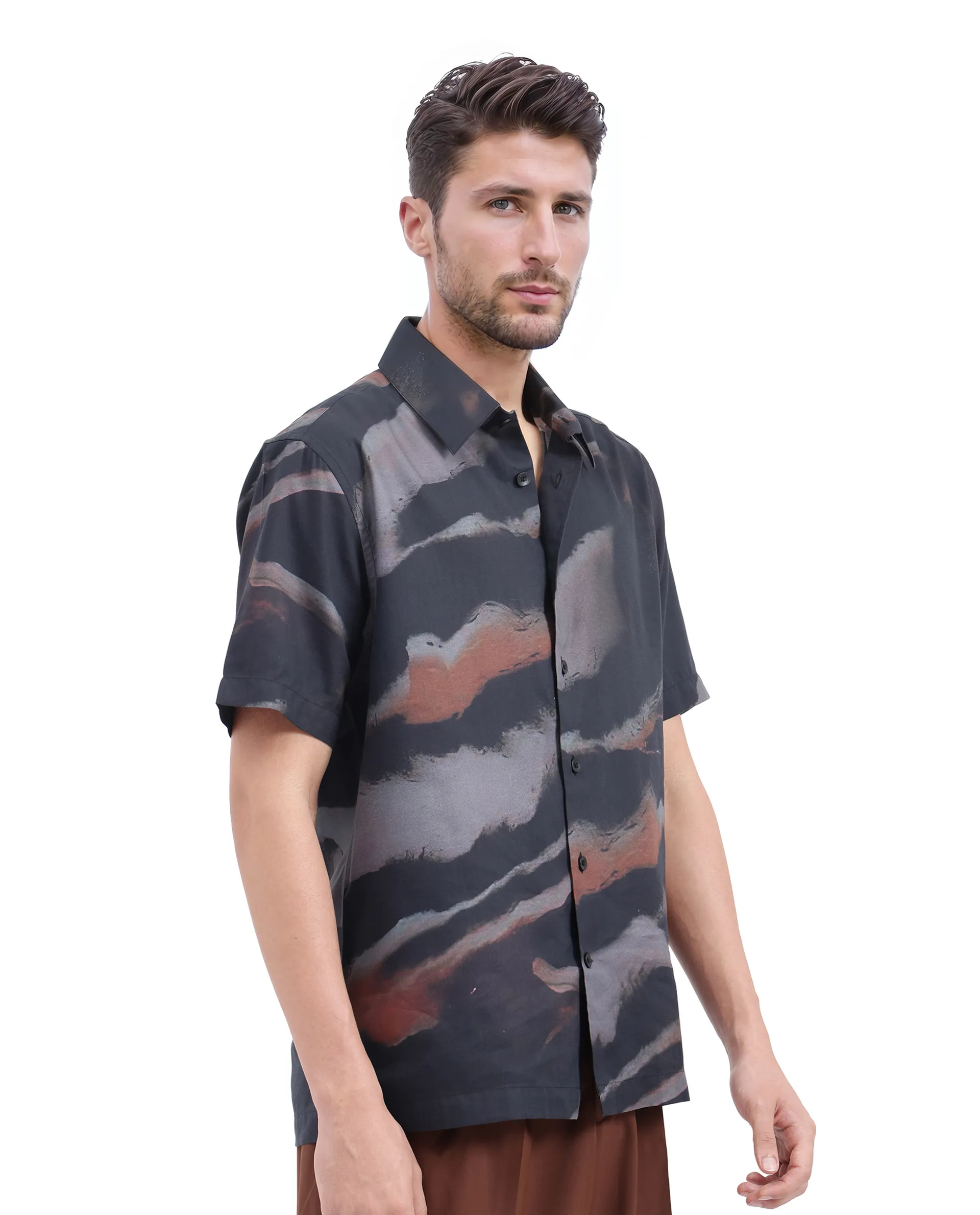 Rare Rabbit Men's Tego Black Cotton Blend Abstract Print Boxy Fit Half Sleeve Collared Shirt - Image 8