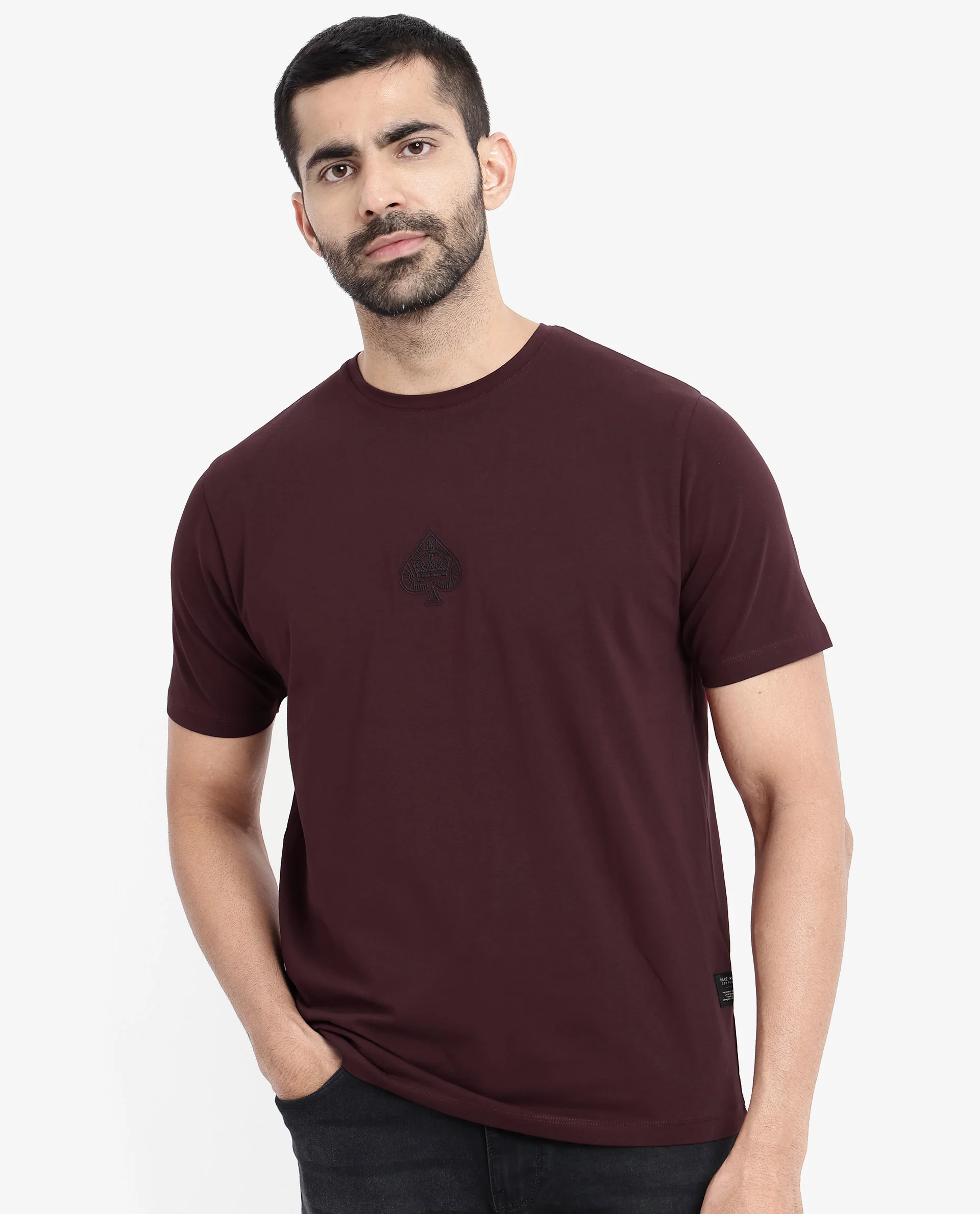 Rare Rabbit Men's Tegor Maroon Cotton Graphic Print Regular Fit Half Sleeve Crew Neck T-Shirt - Image 3