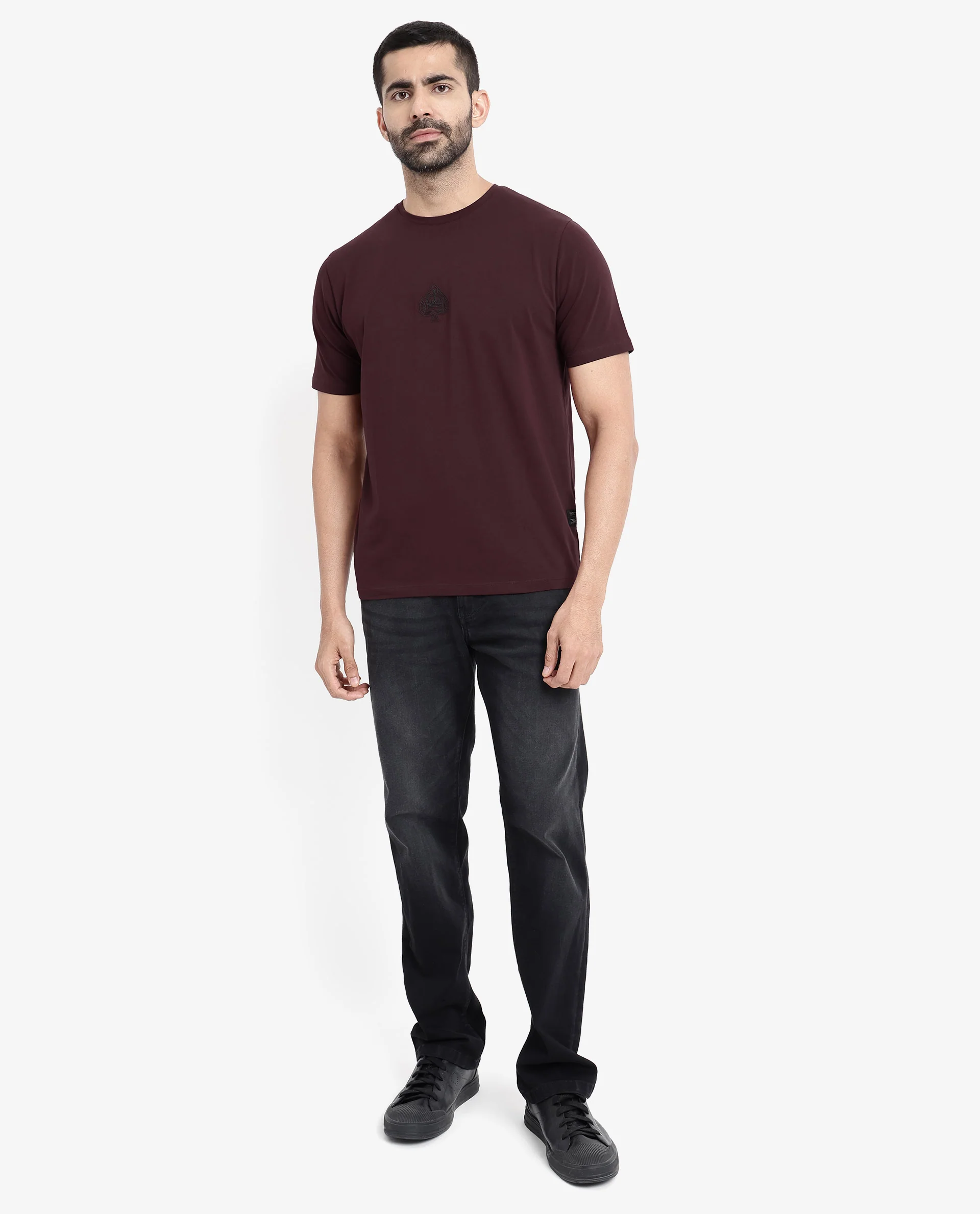 Rare Rabbit Men's Tegor Maroon Cotton Graphic Print Regular Fit Half Sleeve Crew Neck T-Shirt - Image 4
