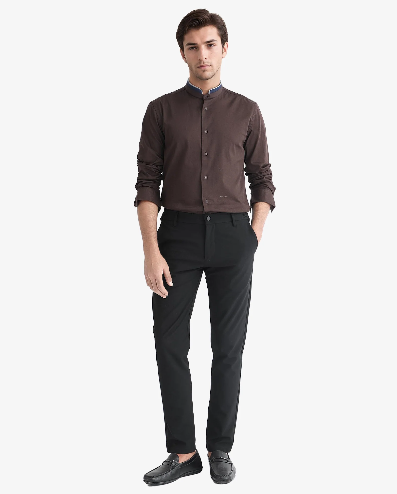 Rare Rabbit Men's Tehran Dark Brown Cotton Plain Regular Fit Full Sleeve Mandarin Collar Shirt - Image 2