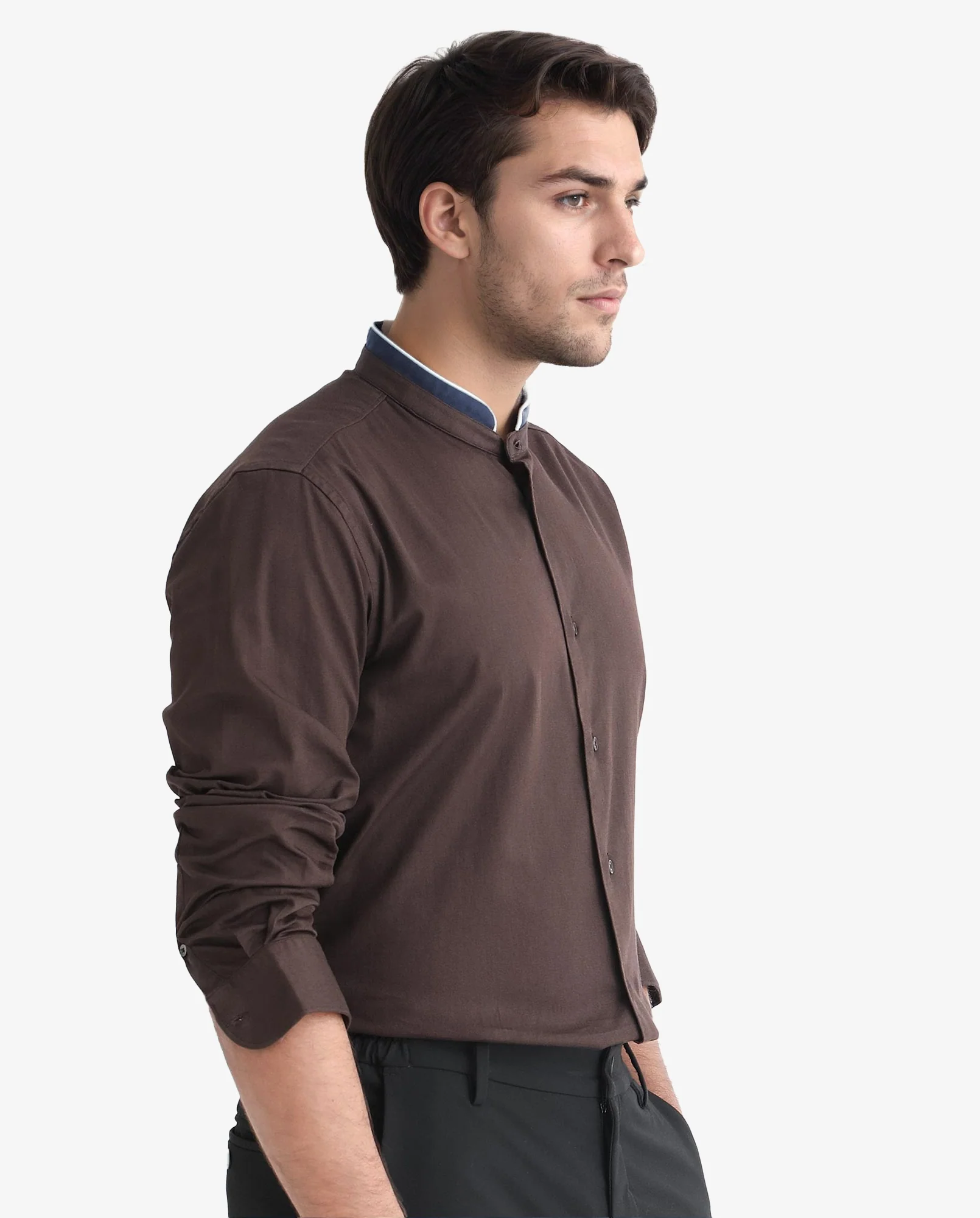 Rare Rabbit Men's Tehran Dark Brown Cotton Plain Regular Fit Full Sleeve Mandarin Collar Shirt - Image 4