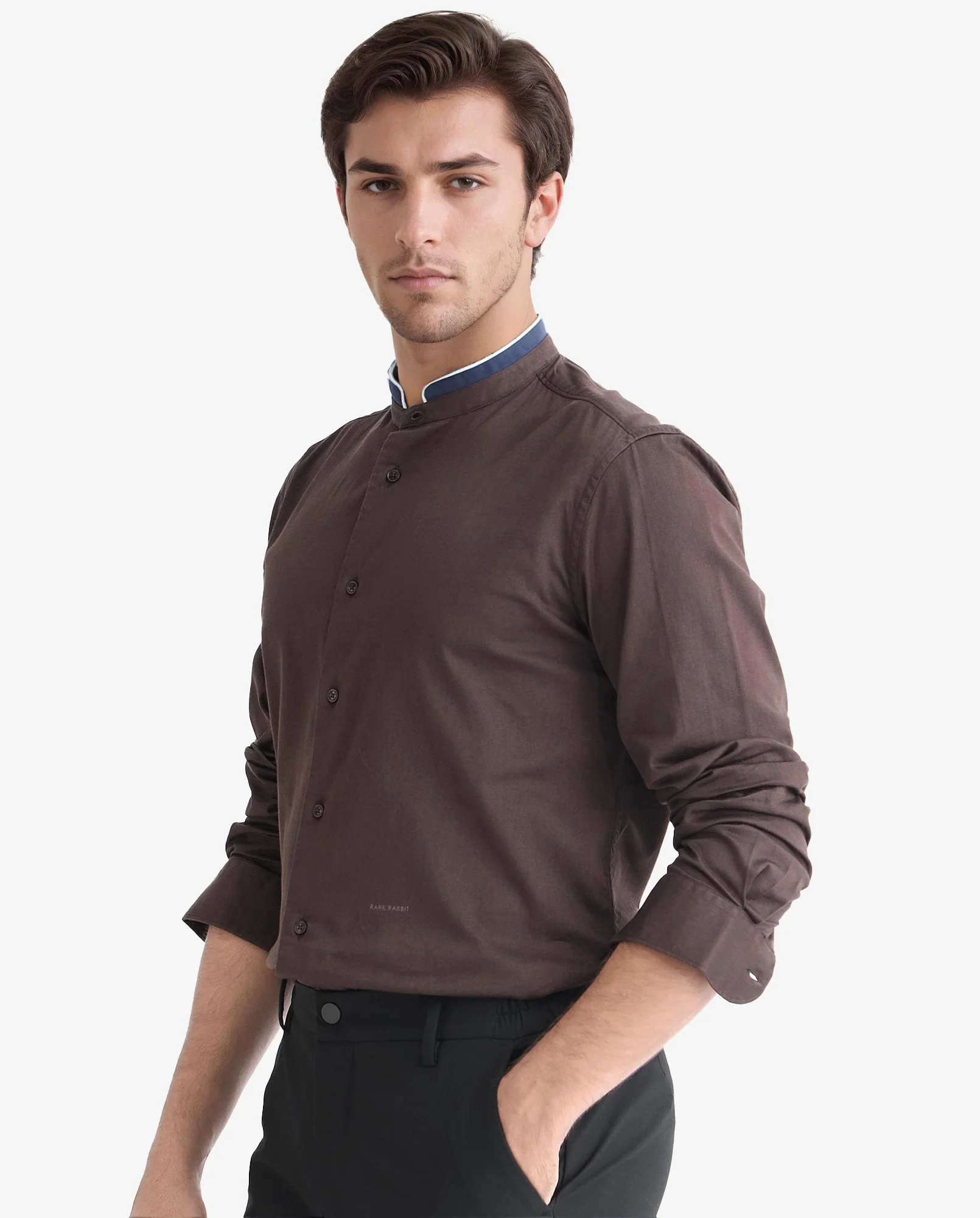 Rare Rabbit Men's Tehran Dark Brown Cotton Plain Regular Fit Full Sleeve Mandarin Collar Shirt - Image 6