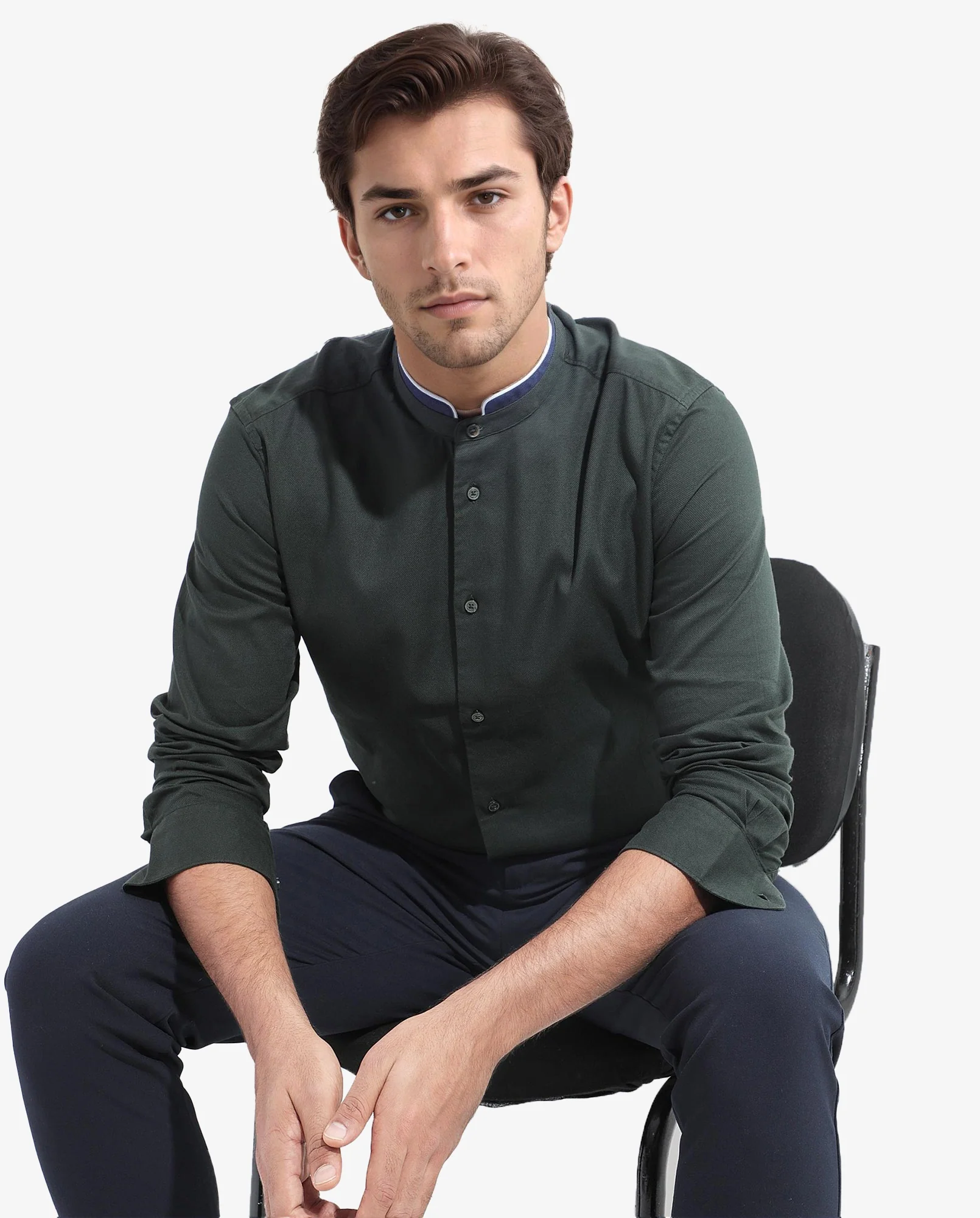 Rare Rabbit Men's Tehran Dark Green Cotton Plain Regular Fit Full Sleeve Mandarin Collar Shirt