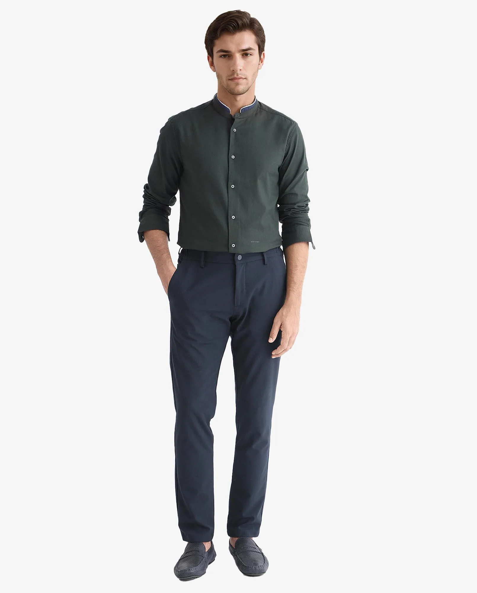 Rare Rabbit Men's Tehran Dark Green Cotton Plain Regular Fit Full Sleeve Mandarin Collar Shirt - Image 2