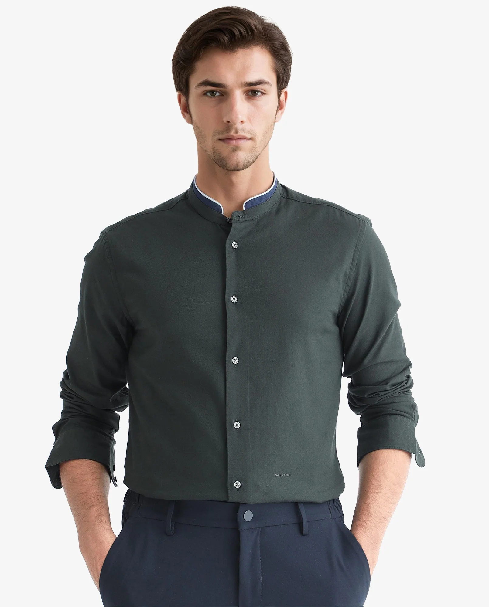 Rare Rabbit Men's Tehran Dark Green Cotton Plain Regular Fit Full Sleeve Mandarin Collar Shirt - Image 4