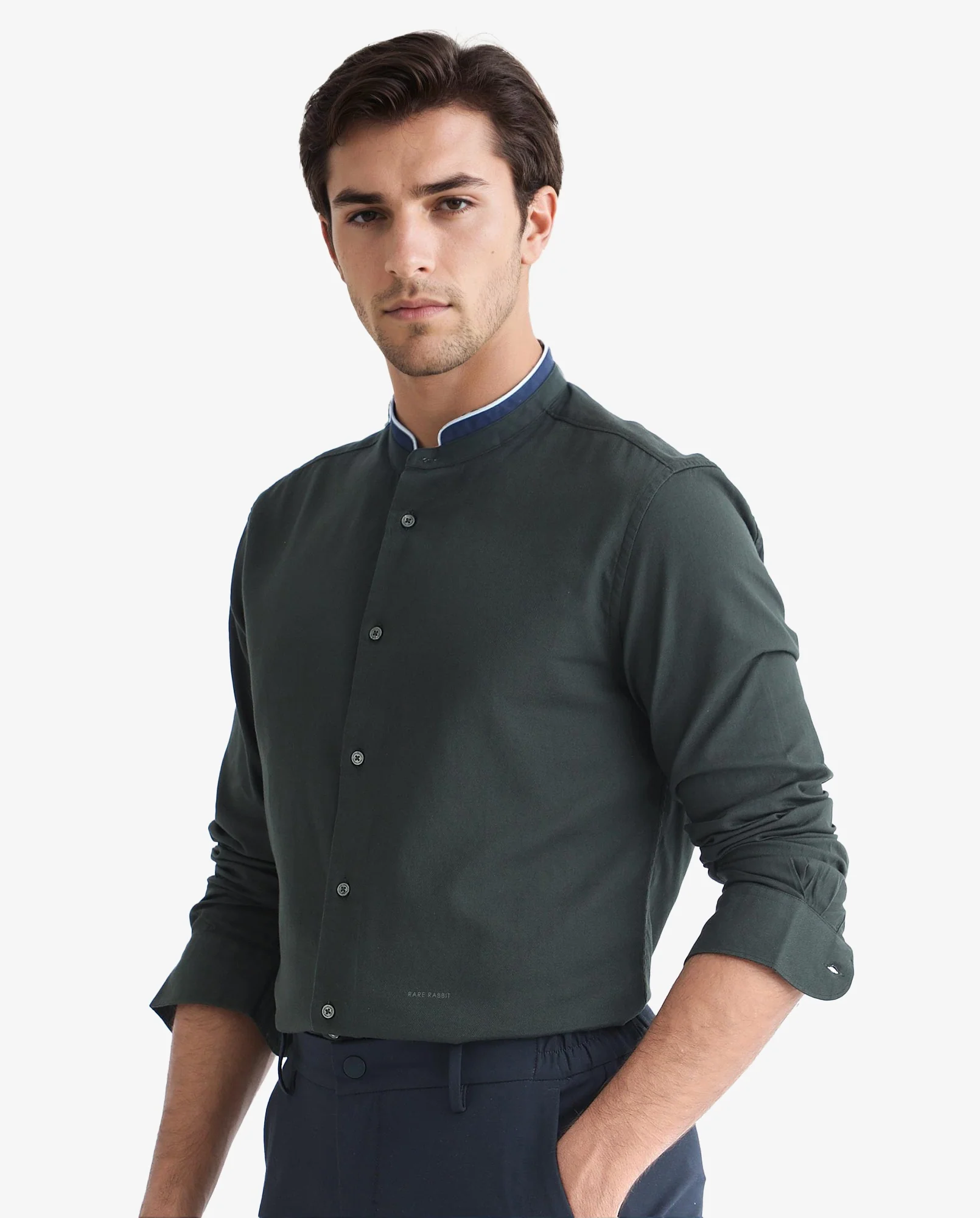 Rare Rabbit Men's Tehran Dark Green Cotton Plain Regular Fit Full Sleeve Mandarin Collar Shirt - Image 6