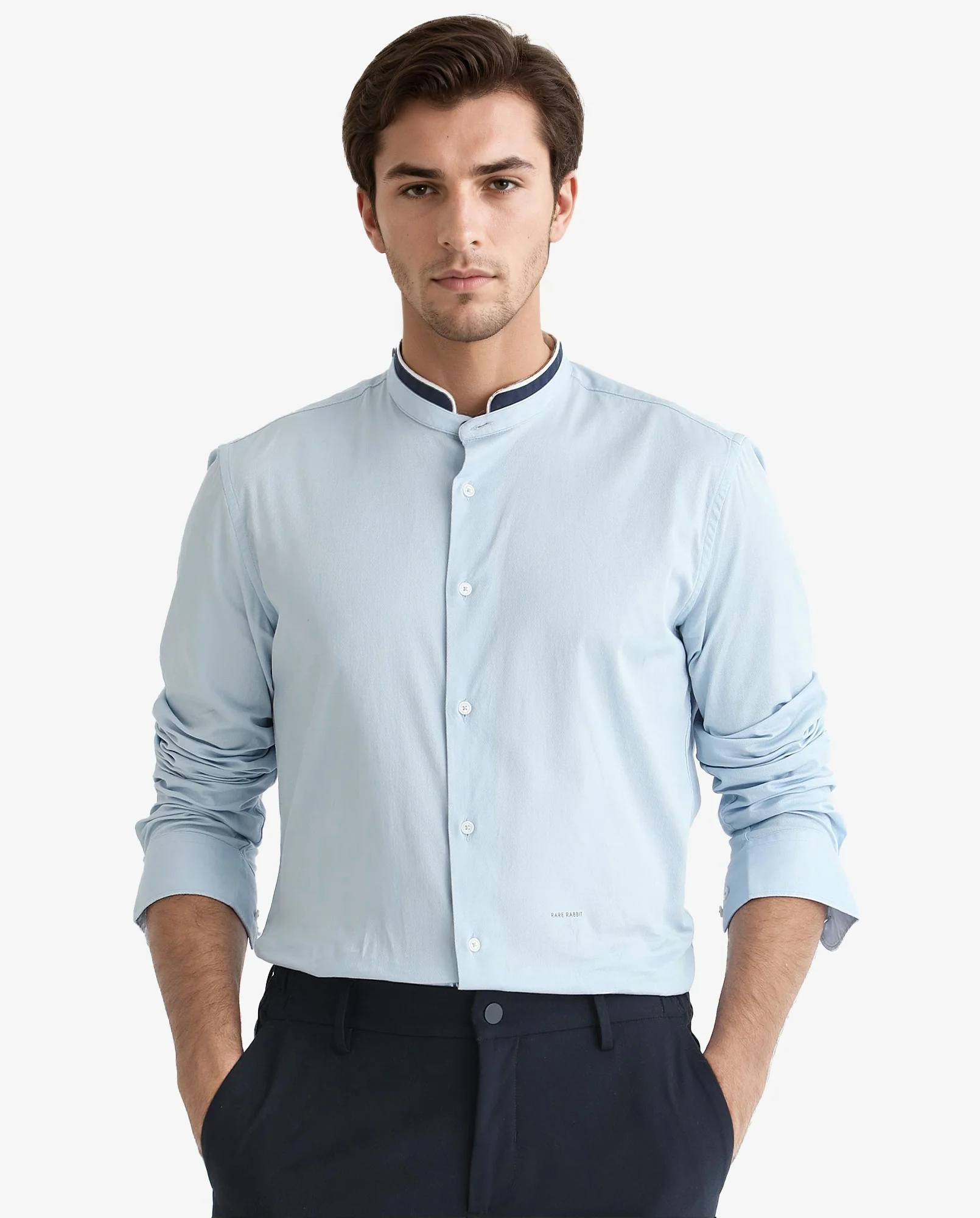 Rare Rabbit Men's Tehran Light Blue Cotton Plain Regular Fit Full Sleeve Mandarin Collar Shirt