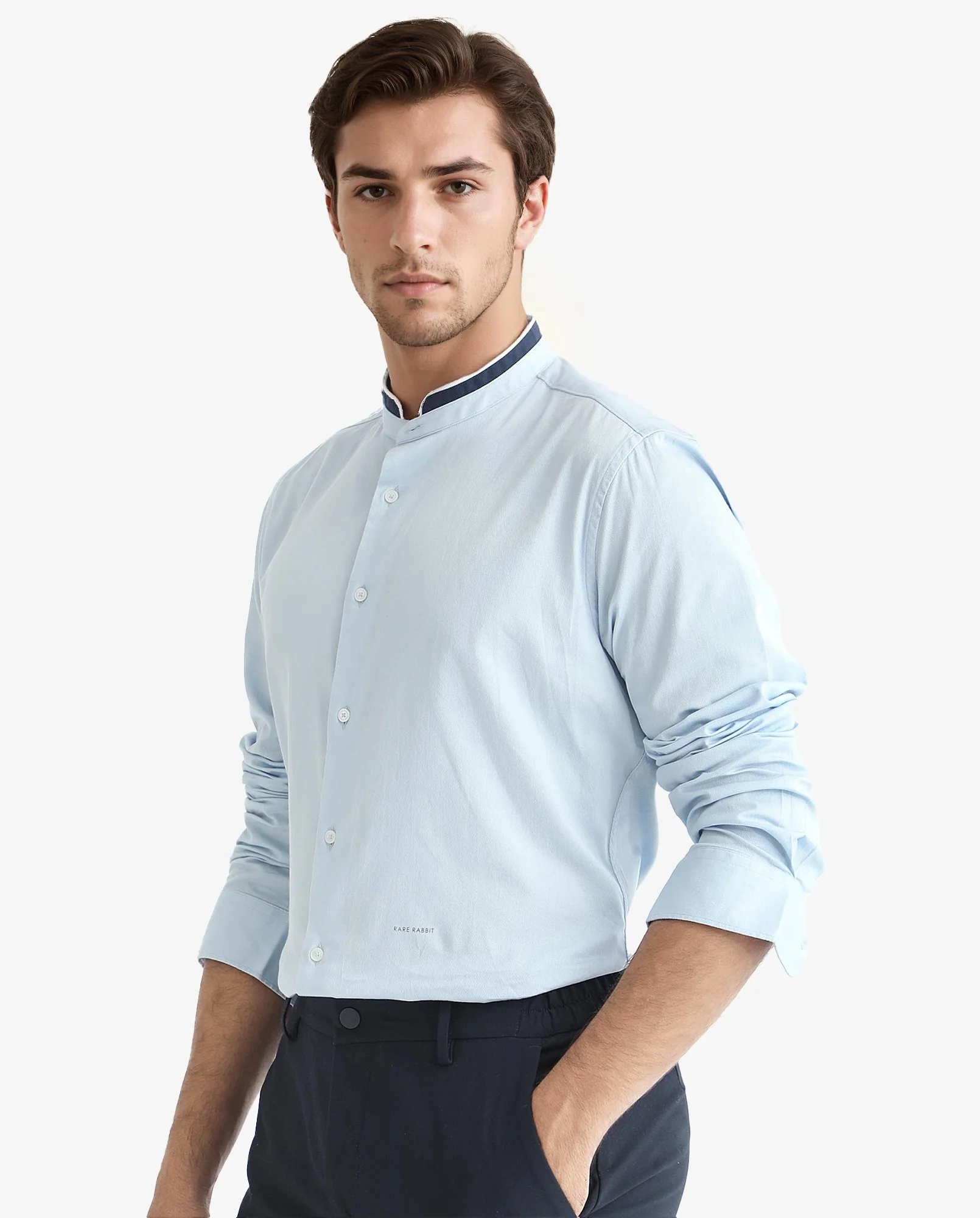 Rare Rabbit Men's Tehran Light Blue Cotton Plain Regular Fit Full Sleeve Mandarin Collar Shirt - Image 5