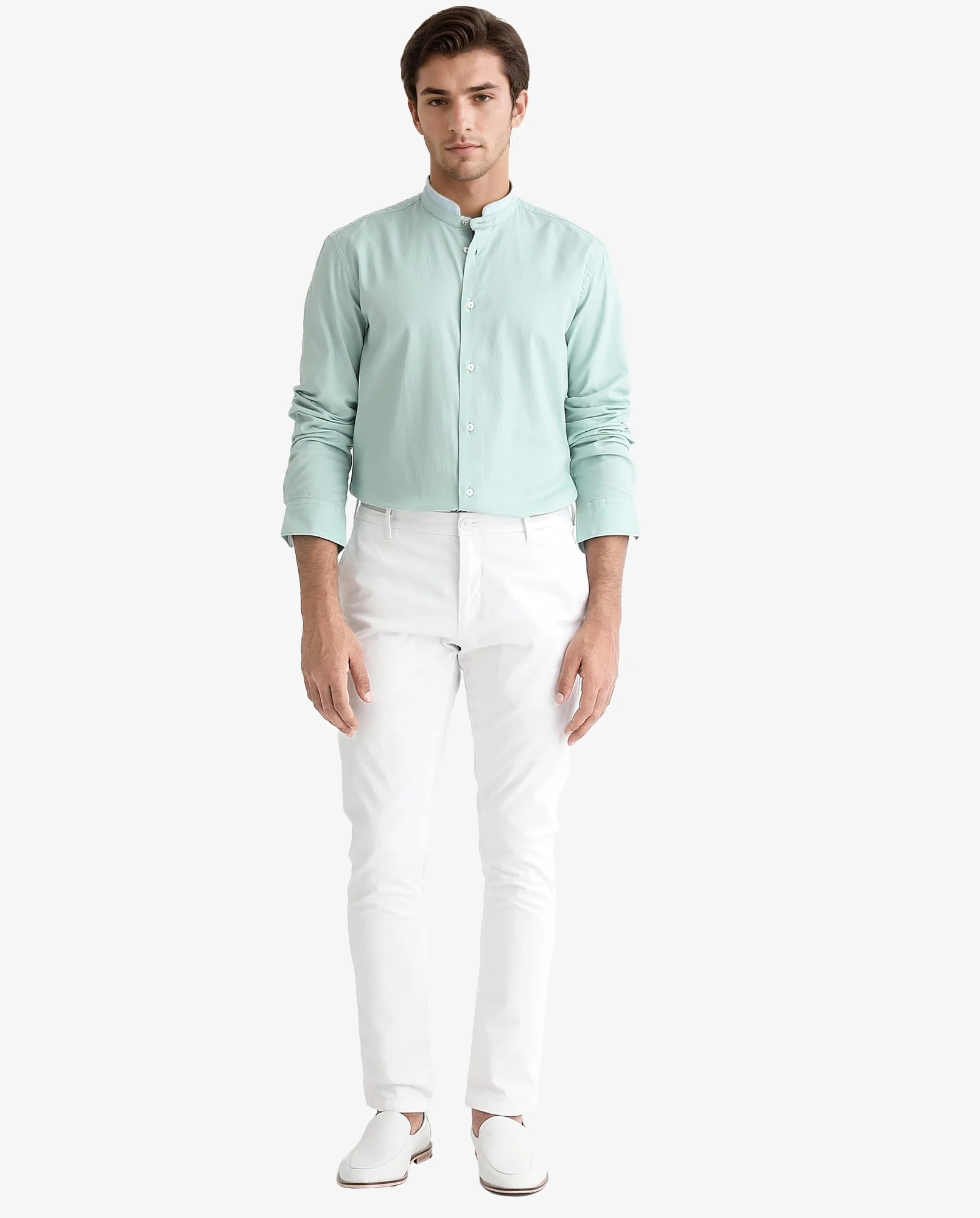 Rare Rabbit Men's Tehran Light Green Cotton Plain Regular Fit Full Sleeve Mandarin Collar Shirt - Image 2