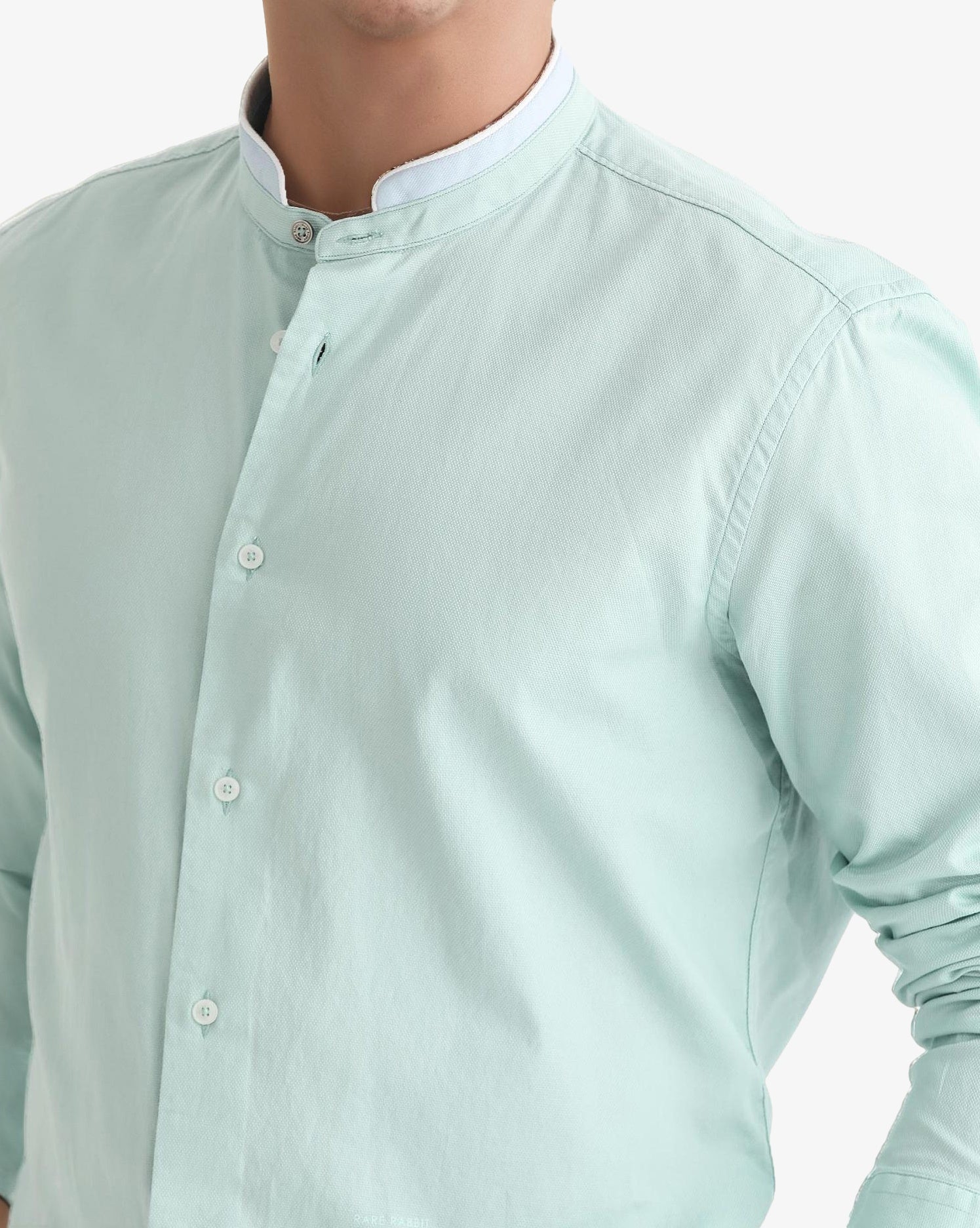 Rare Rabbit Men's Tehran Light Green Cotton Plain Regular Fit Full Sleeve Mandarin Collar Shirt - Image 3