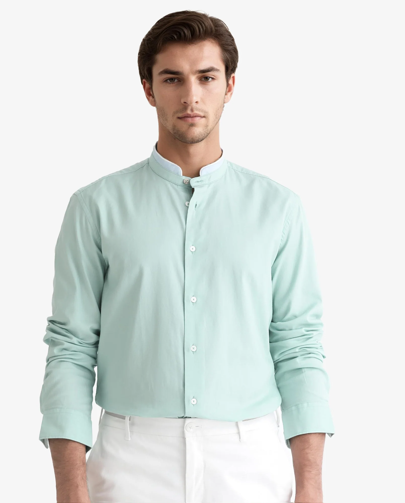 Rare Rabbit Men's Tehran Light Green Cotton Plain Regular Fit Full Sleeve Mandarin Collar Shirt - Image 4
