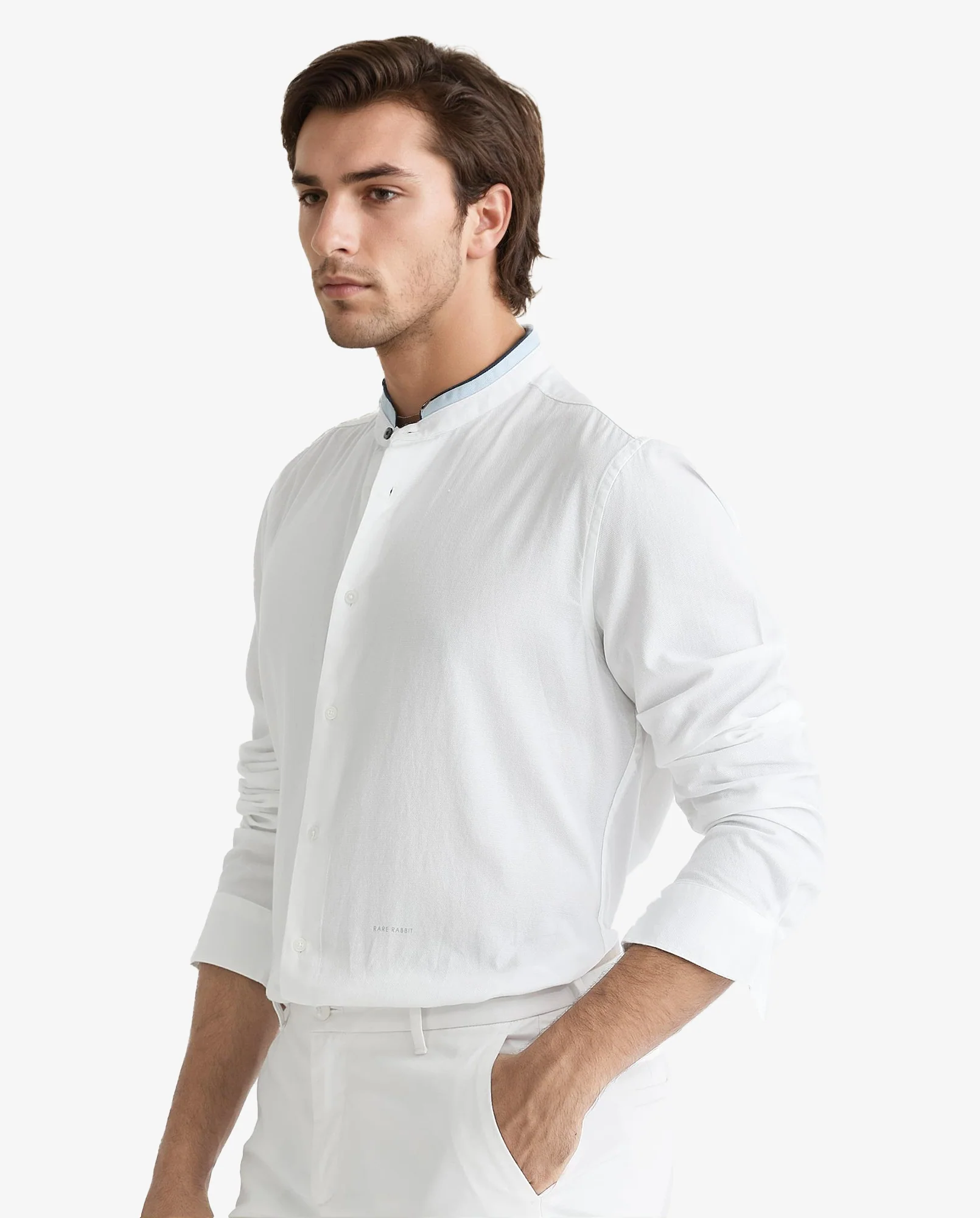 Rare Rabbit Men's Tehran White Cotton Plain Regular Fit Full Sleeve Mandarin Collar Shirt - Image 6