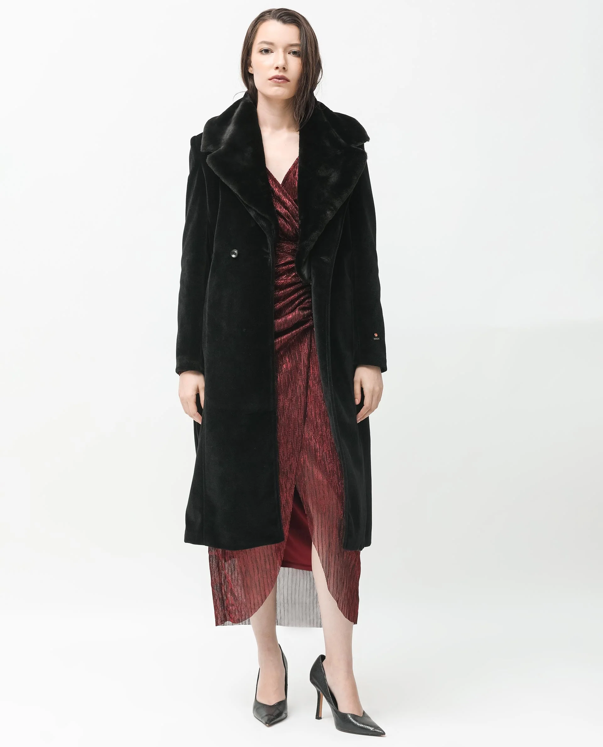 Rareism Women's Teich Black Polyester Lapel Neck Plain Knee Length Regular Fit Long Coat - Image 2