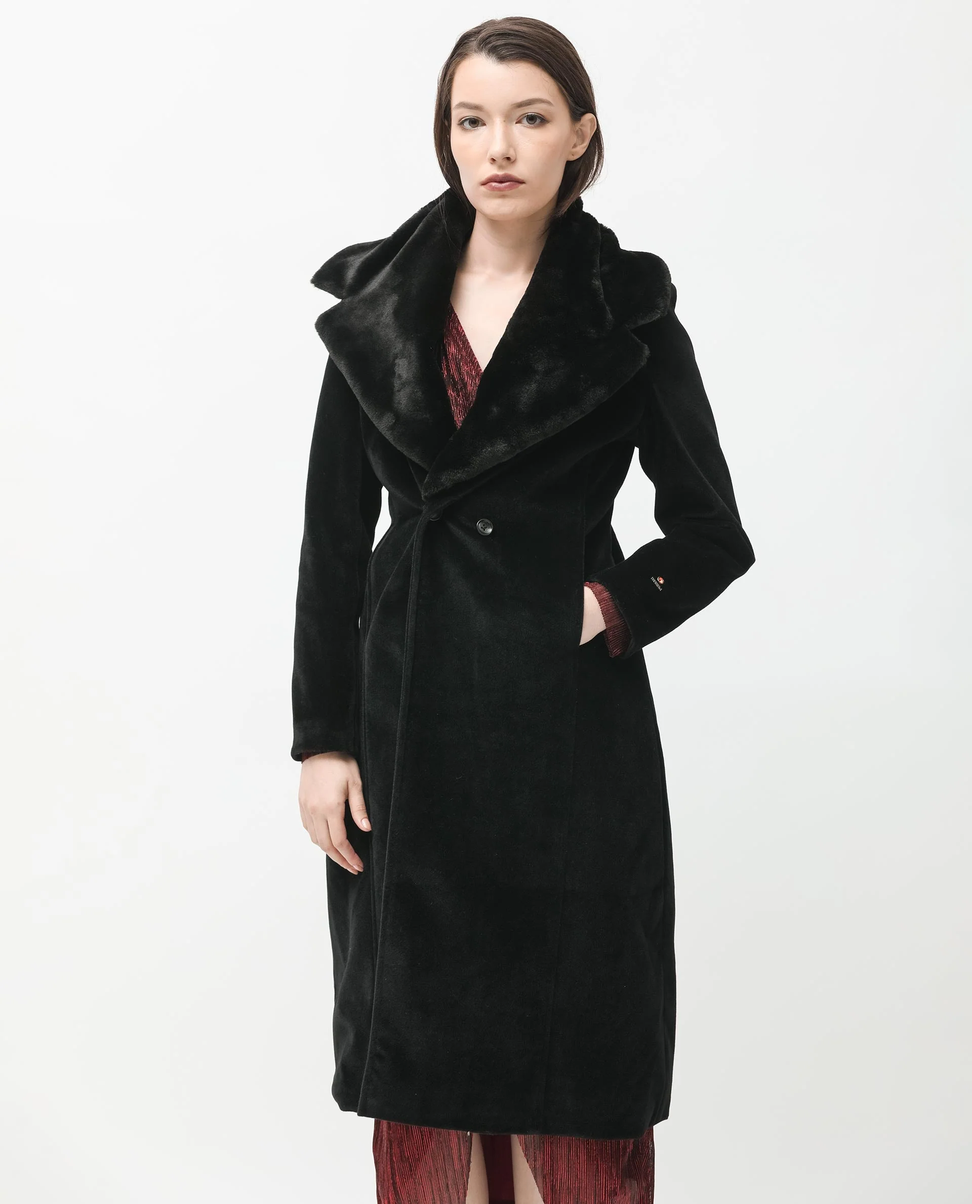 Rareism Women's Teich Black Polyester Lapel Neck Plain Knee Length Regular Fit Long Coat - Image 3