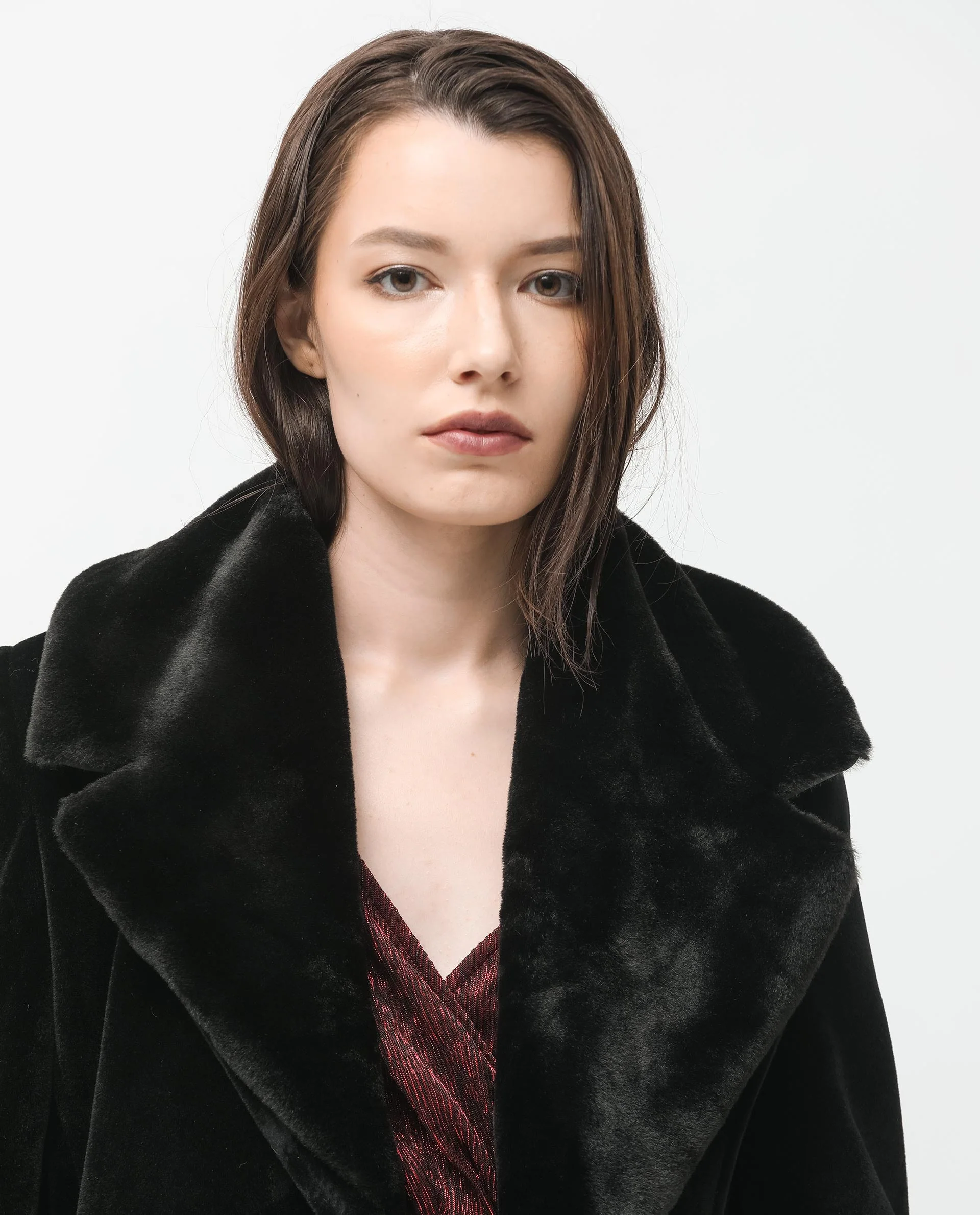 Rareism Women's Teich Black Polyester Lapel Neck Plain Knee Length Regular Fit Long Coat - Image 4