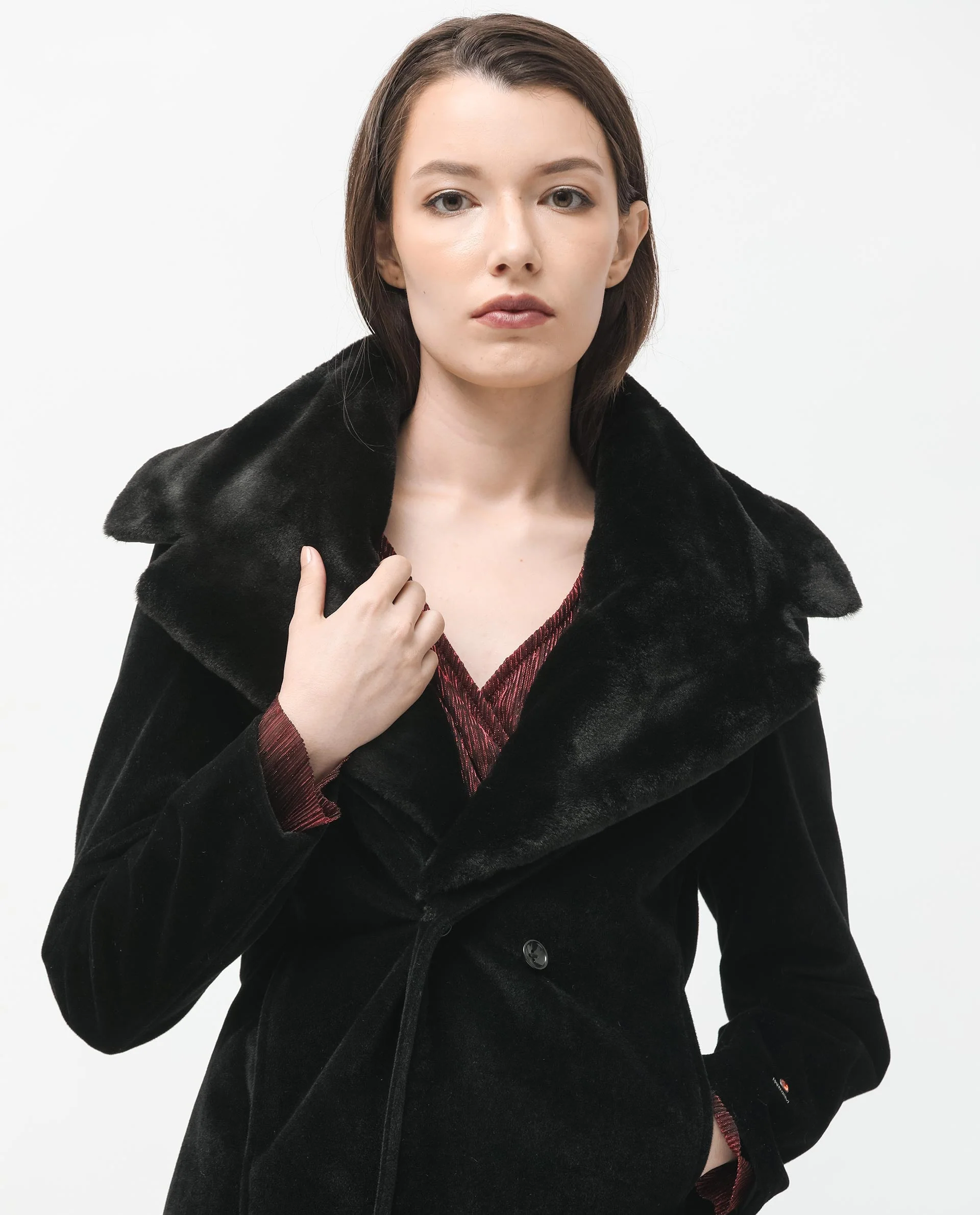 Rareism Women's Teich Black Polyester Lapel Neck Plain Knee Length Regular Fit Long Coat - Image 6
