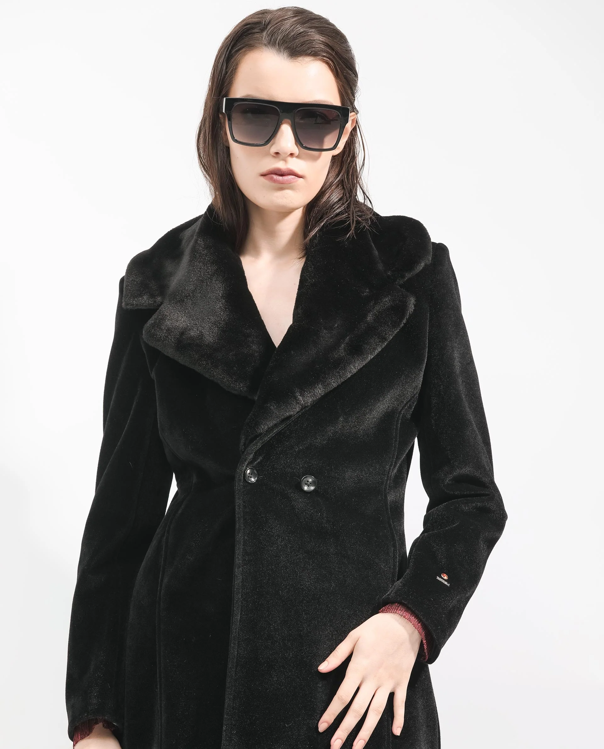 Rareism Women's Teich Black Polyester Lapel Neck Plain Knee Length Regular Fit Long Coat - Image 7