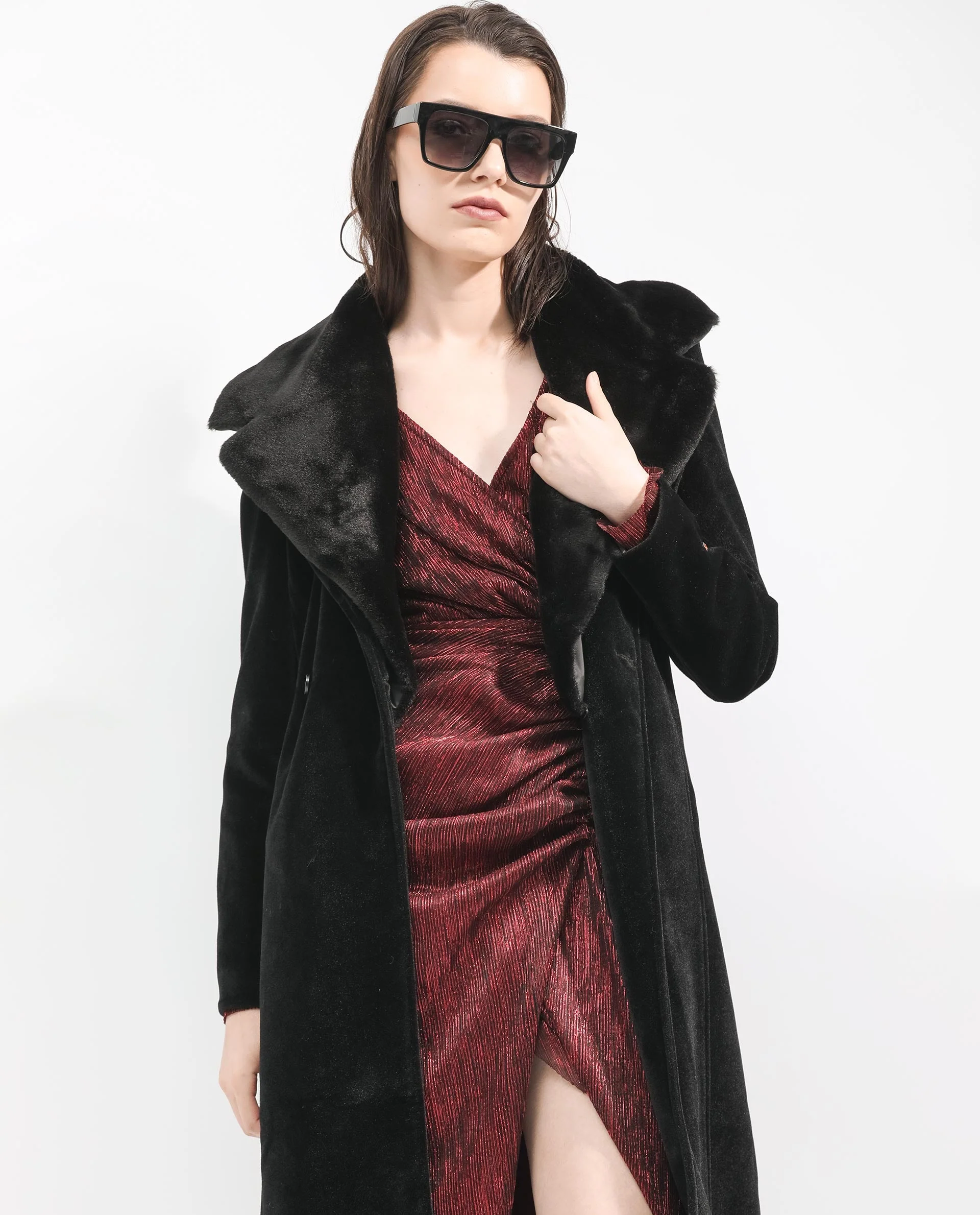 Rareism Women's Teich Black Polyester Lapel Neck Plain Knee Length Regular Fit Long Coat - Image 8