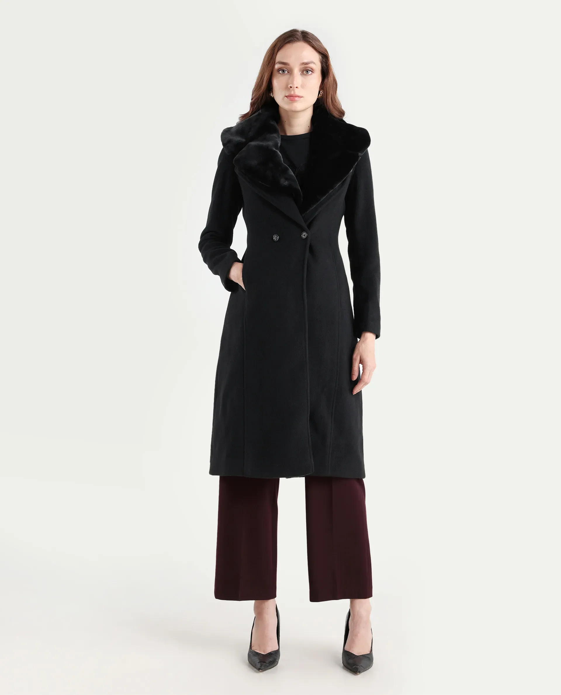 Rareism Women's Teich 1 Black Lapel Neck Plain Midi Regular Fit Jacket - Image 3