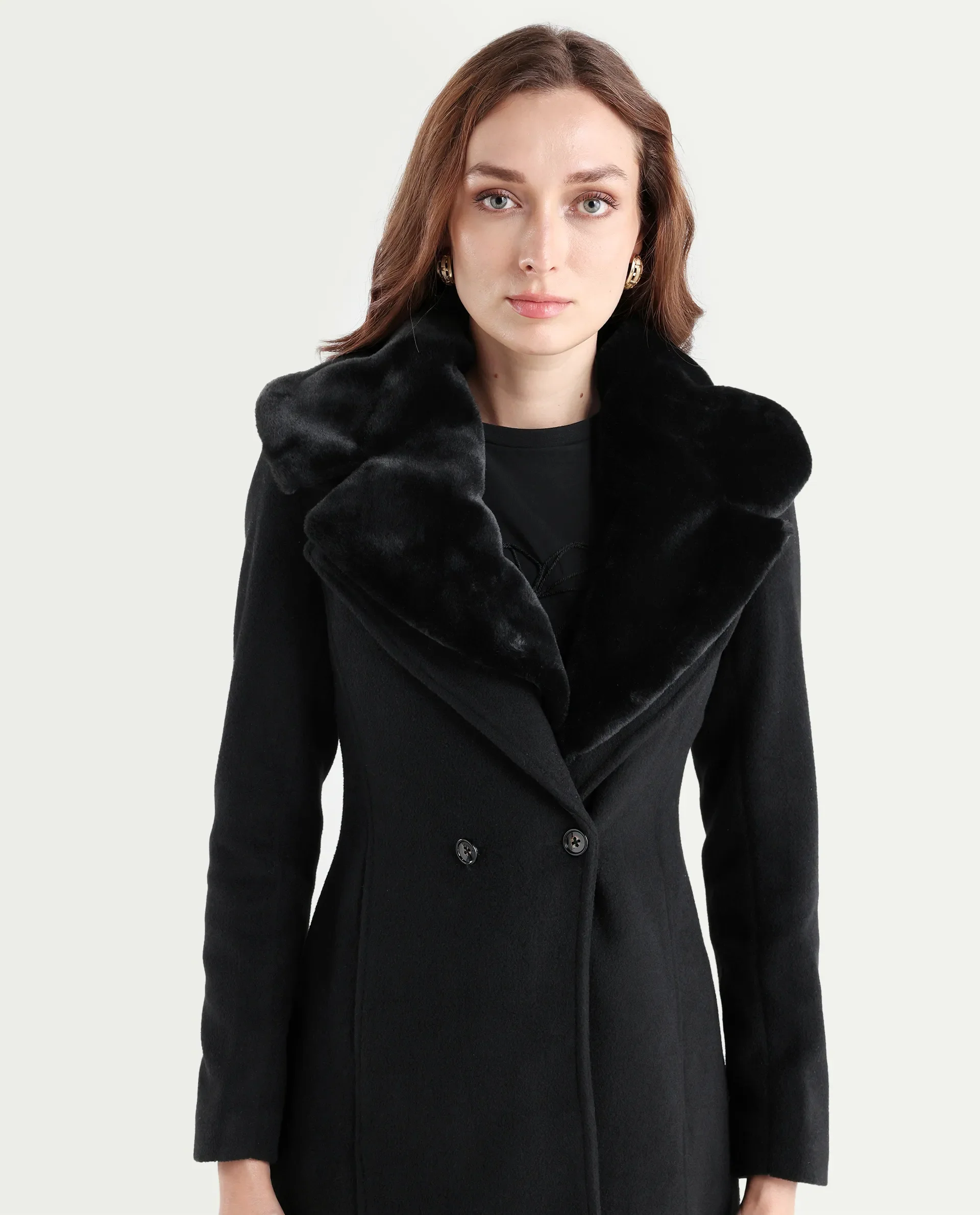 Rareism Women's Teich 1 Black Lapel Neck Plain Midi Regular Fit Jacket - Image 4