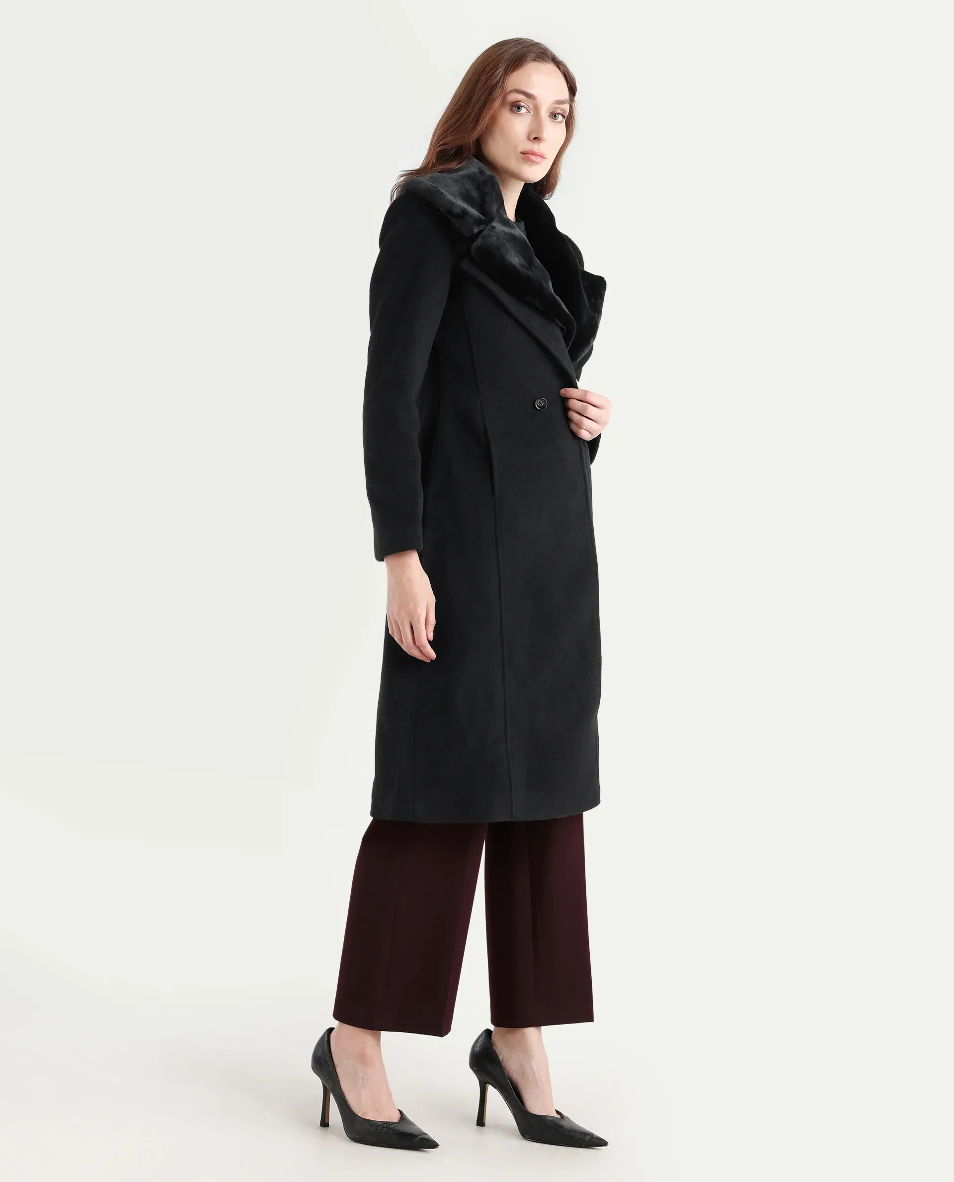 Rareism Women's Teich 1 Black Lapel Neck Plain Midi Regular Fit Jacket - Image 7