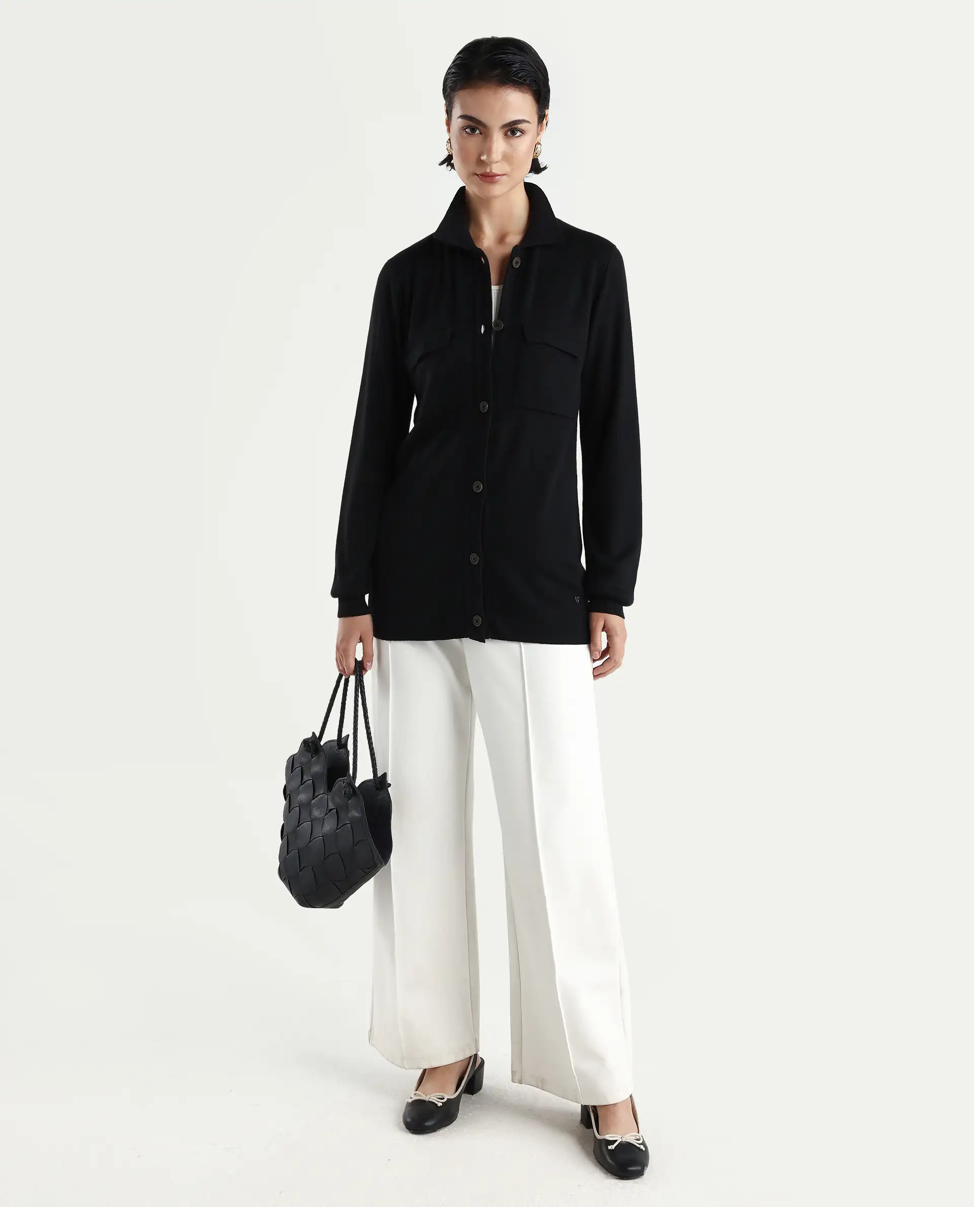 Rareism Women's Telkon Black Viscose Spread Collar Plain Regular Fit Sweater - Image 2