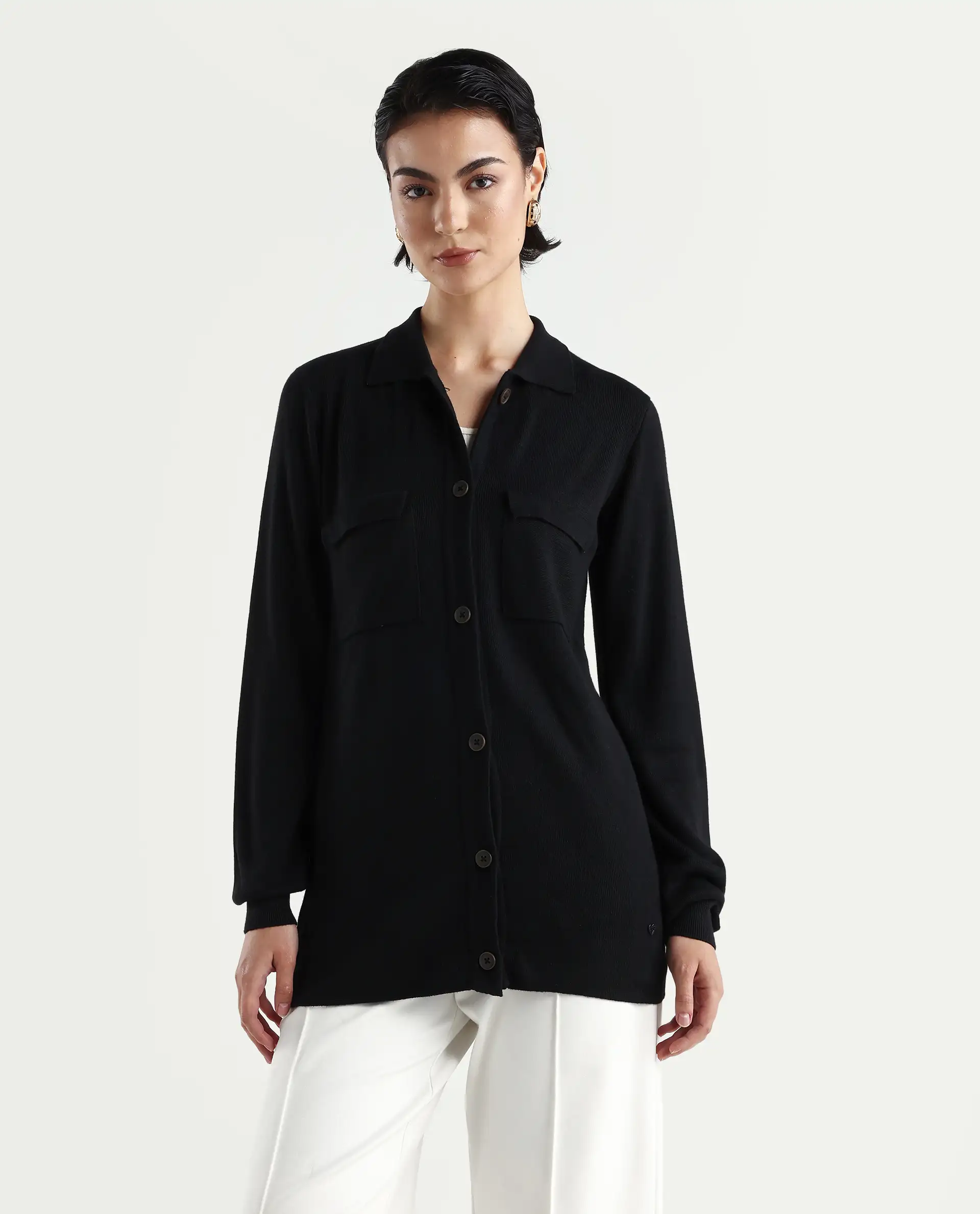 Rareism Women's Telkon Black Viscose Spread Collar Plain Regular Fit Sweater - Image 3