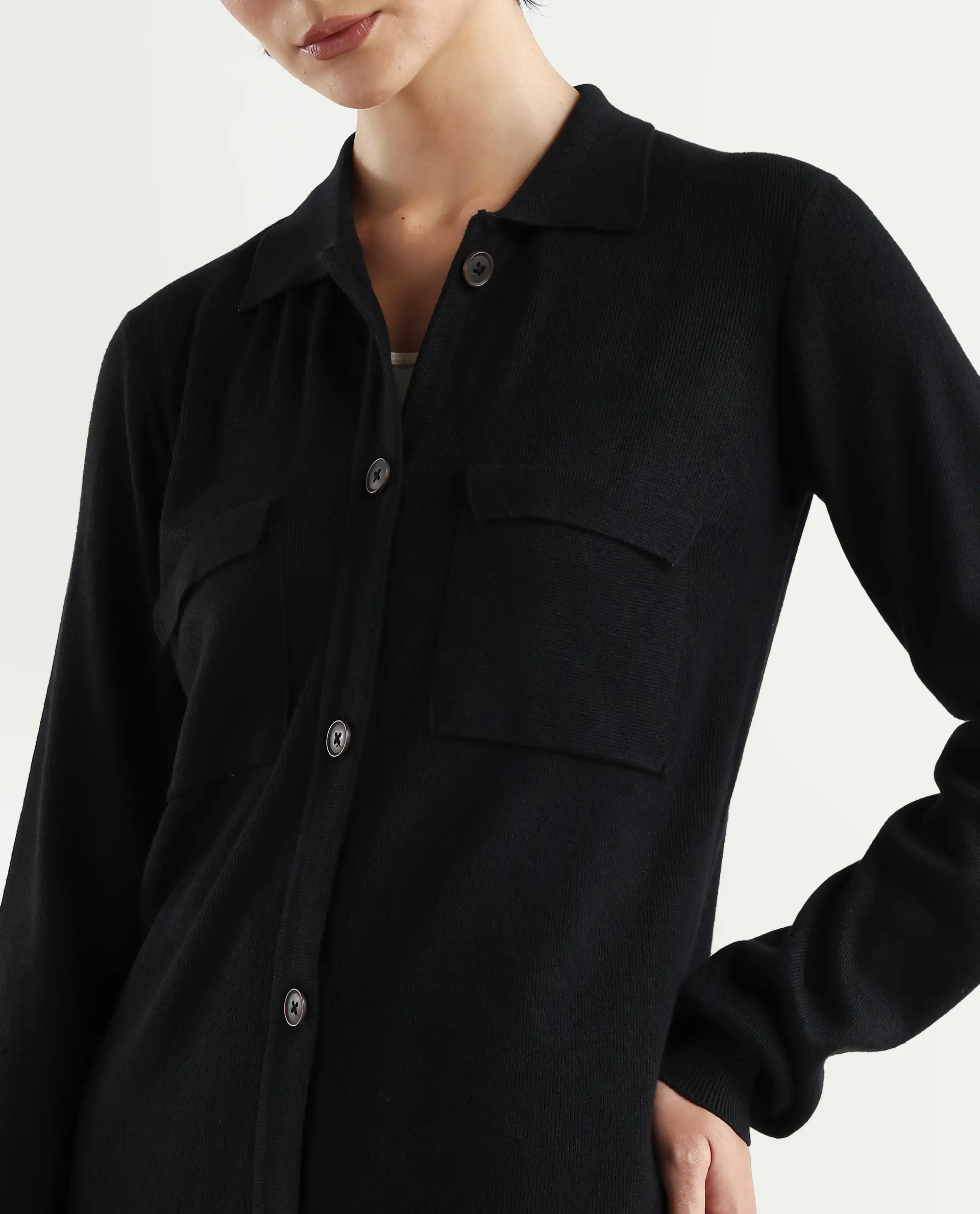 Rareism Women's Telkon Black Viscose Spread Collar Plain Regular Fit Sweater - Image 4