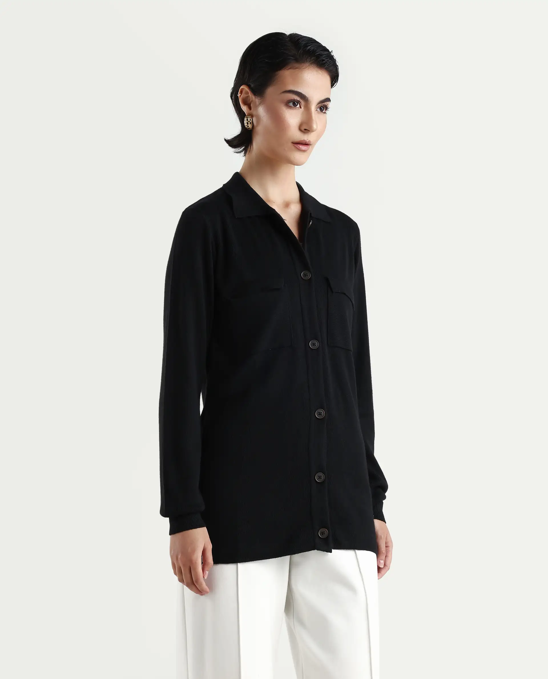 Rareism Women's Telkon Black Viscose Spread Collar Plain Regular Fit Sweater - Image 5