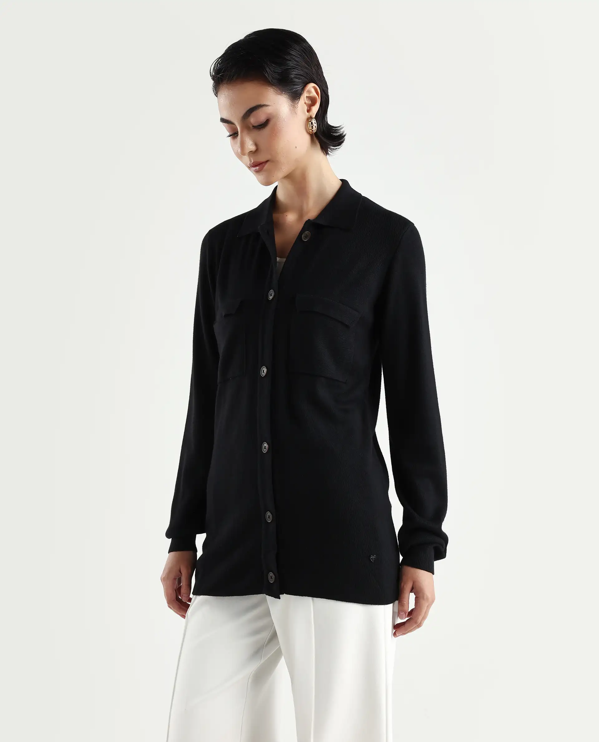 Rareism Women's Telkon Black Viscose Spread Collar Plain Regular Fit Sweater - Image 6
