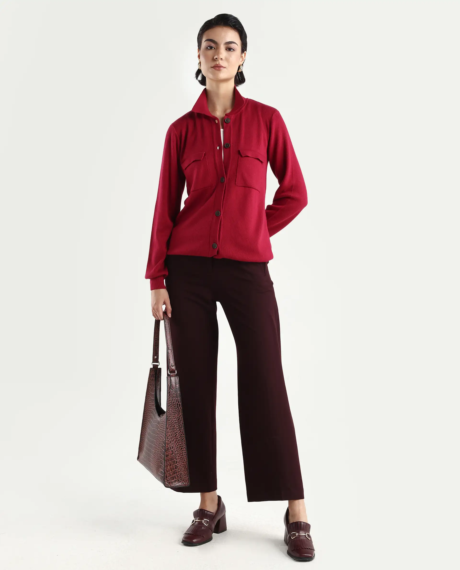 Rareism Women's Telkon Light Maroon Viscose Spread Collar Plain Regular Fit Sweater - Image 2