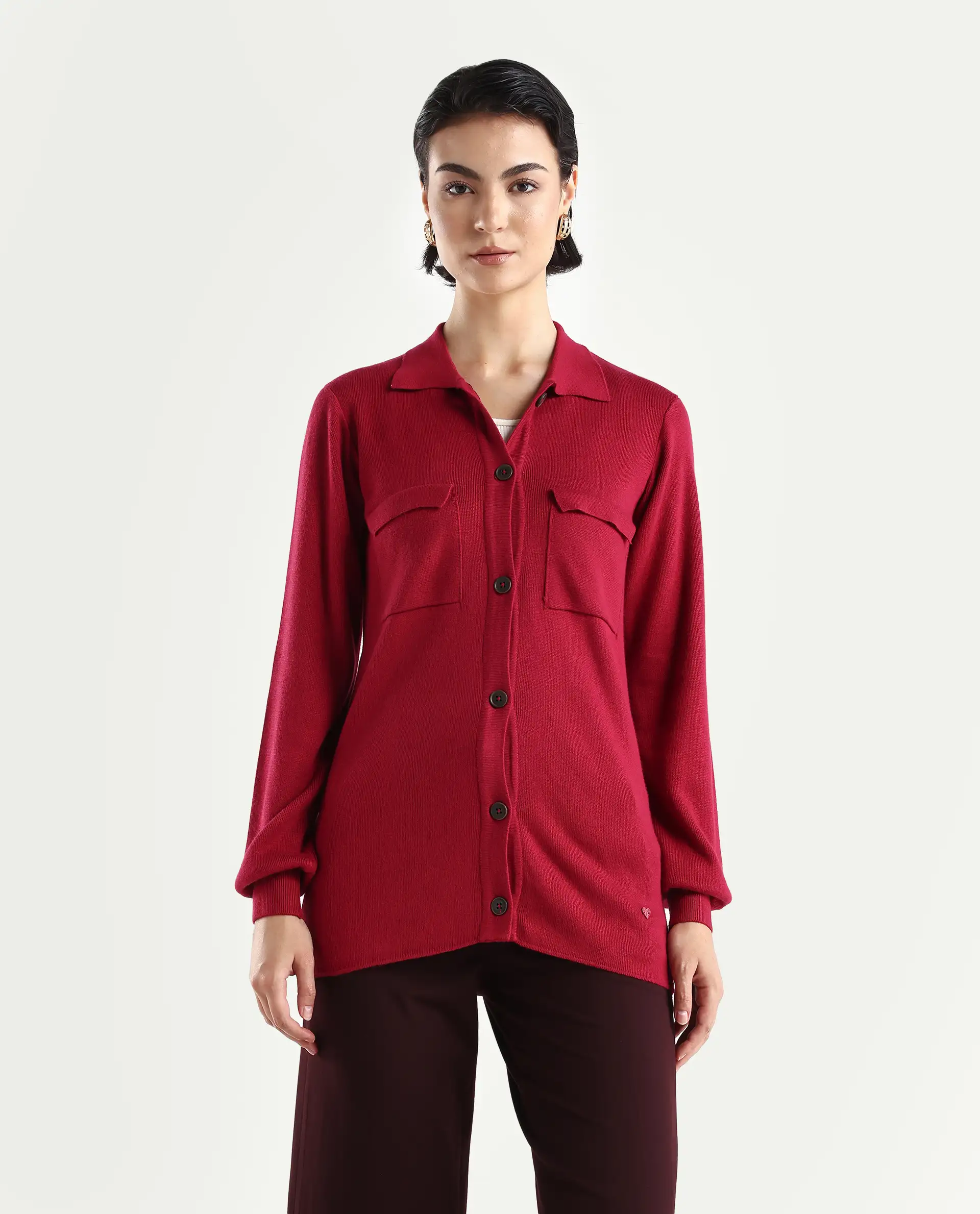 Rareism Women's Telkon Light Maroon Viscose Spread Collar Plain Regular Fit Sweater - Image 3