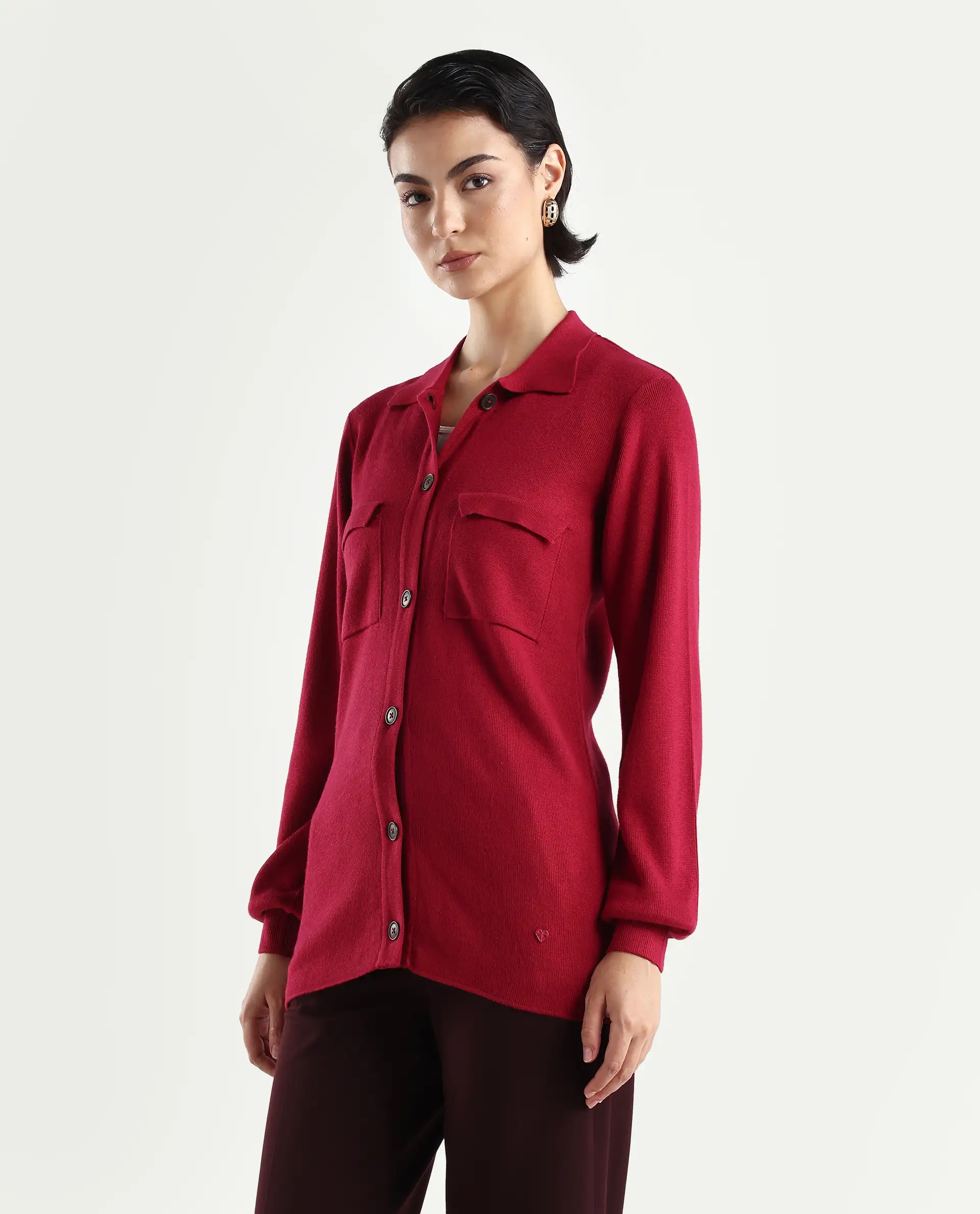 Rareism Women's Telkon Light Maroon Viscose Spread Collar Plain Regular Fit Sweater - Image 6