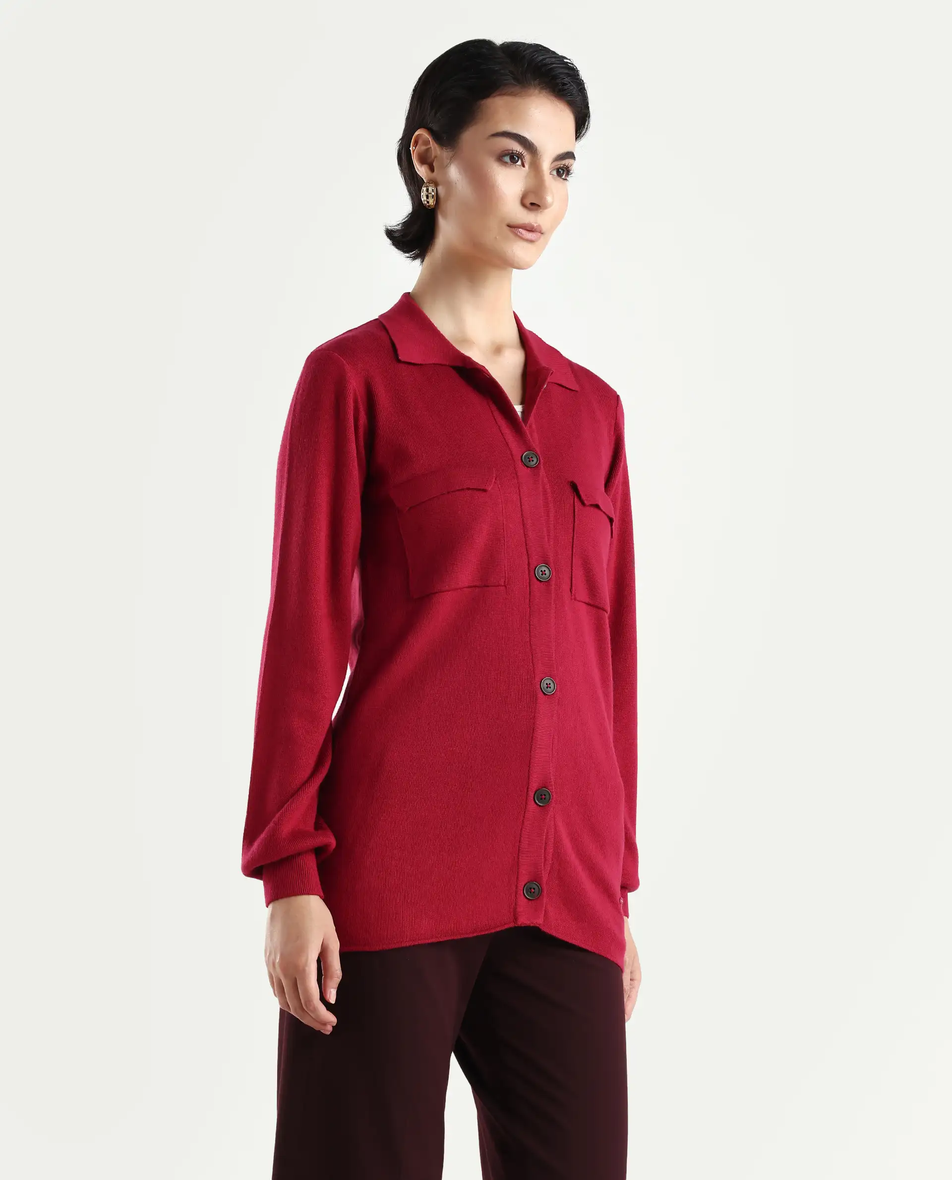 Rareism Women's Telkon Light Maroon Viscose Spread Collar Plain Regular Fit Sweater - Image 7