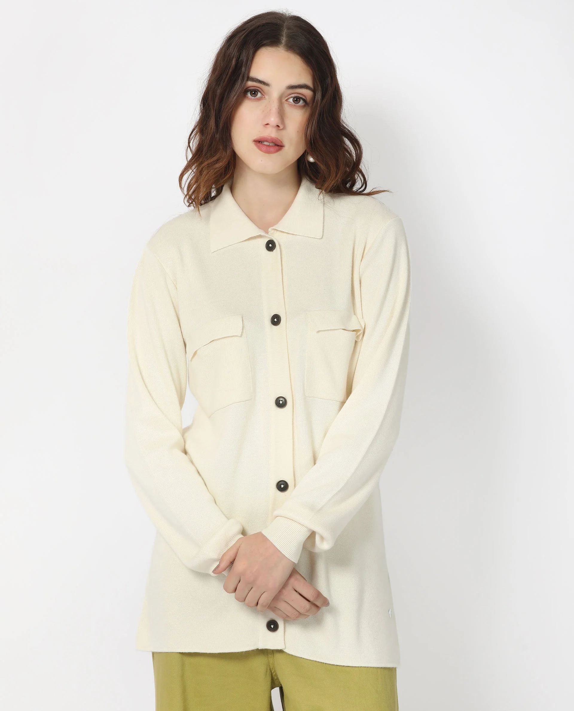Rareism Women's Telkon Off White Viscose Spread Collar Plain Regular Fit Sweater