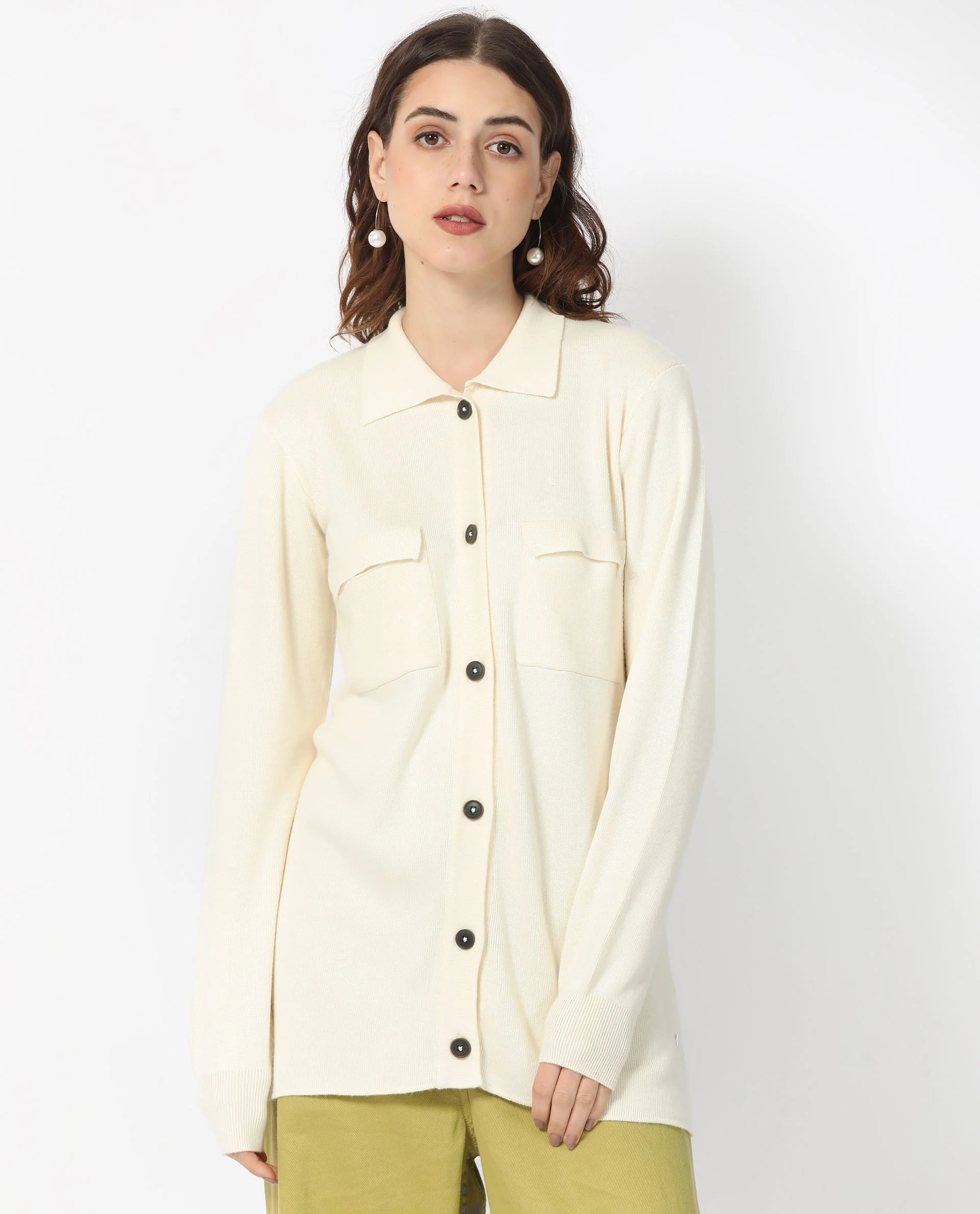 Rareism Women's Telkon Off White Viscose Spread Collar Plain Regular Fit Sweater - Image 5